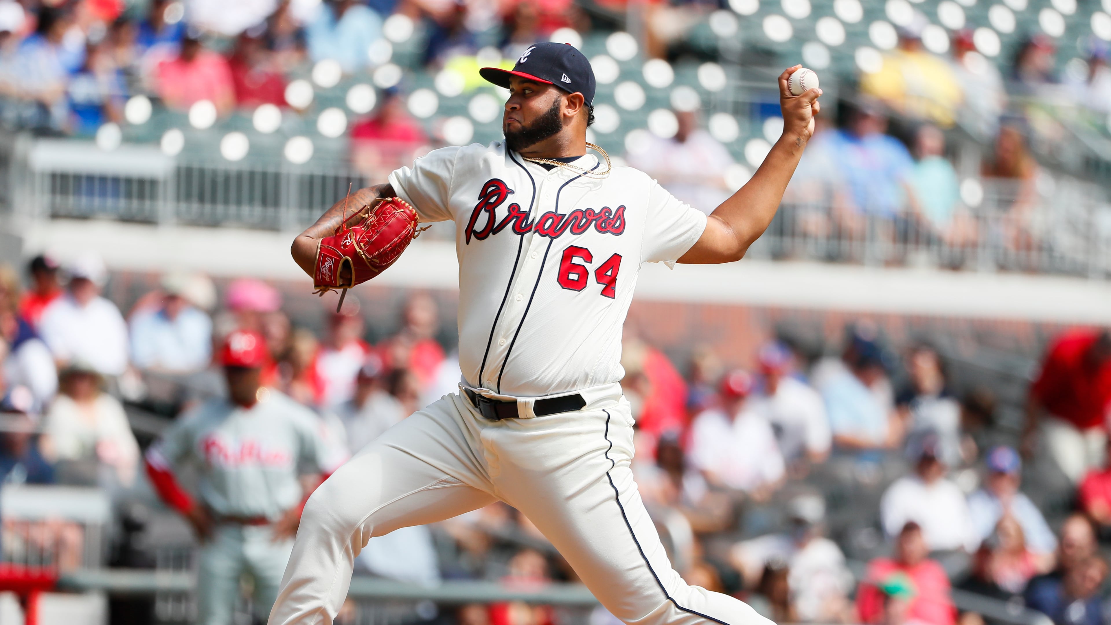 Luiz Gohara of the Braves delivers in the first inning of an MLB game against the Phillies at SunTrust Park on September 24, 2017. (Photo by Todd Kirkland/Getty Images)