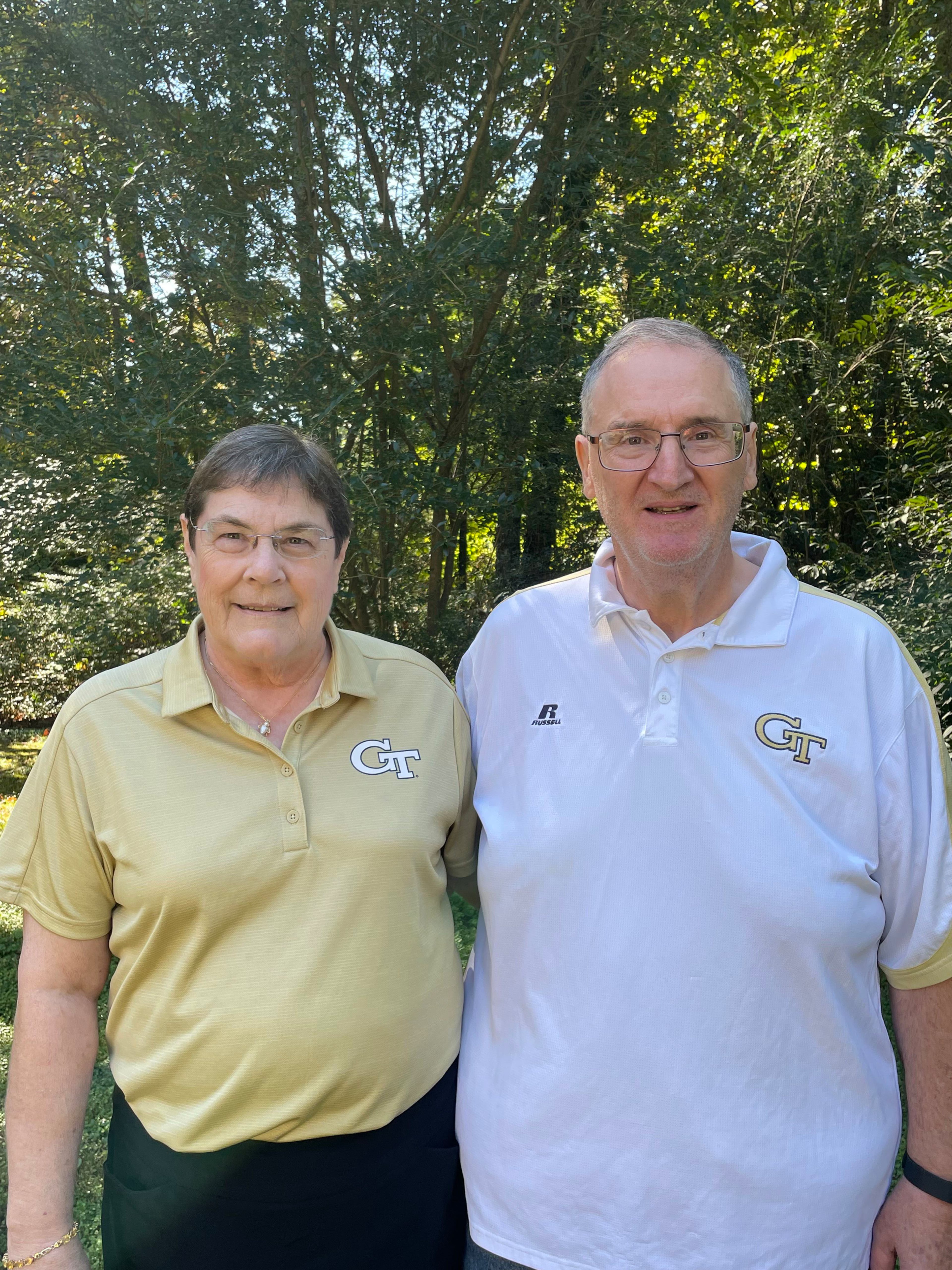 Longtime Georgia Tech fan Phyllis Stallings (left) is celebrating 45 years of marriage to her husband Gordon Stallings (right) and 10 years of a new lease on life after a heart attack with a ride on Tech's Ramblin’ Wreck on Saturday, Oct. 21 before the Yellow Jackets' game against Boston College. (Photo contributed by Phyllis Stallings)