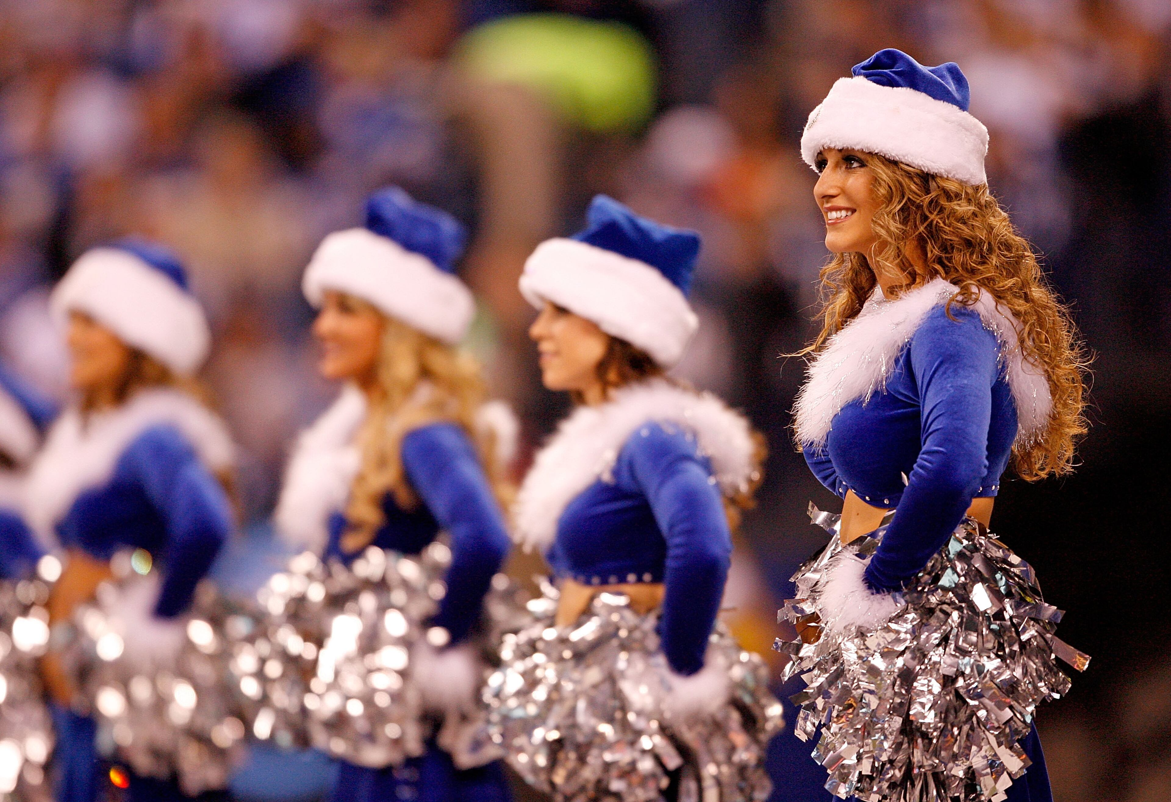 Cheerleaders for the Indianapolis Colts perform in Christmas attaire during the NFL game against the Denver Broncos at Lucas Oil Stadium on Dec. 13, 2009 in Indianapolis.
