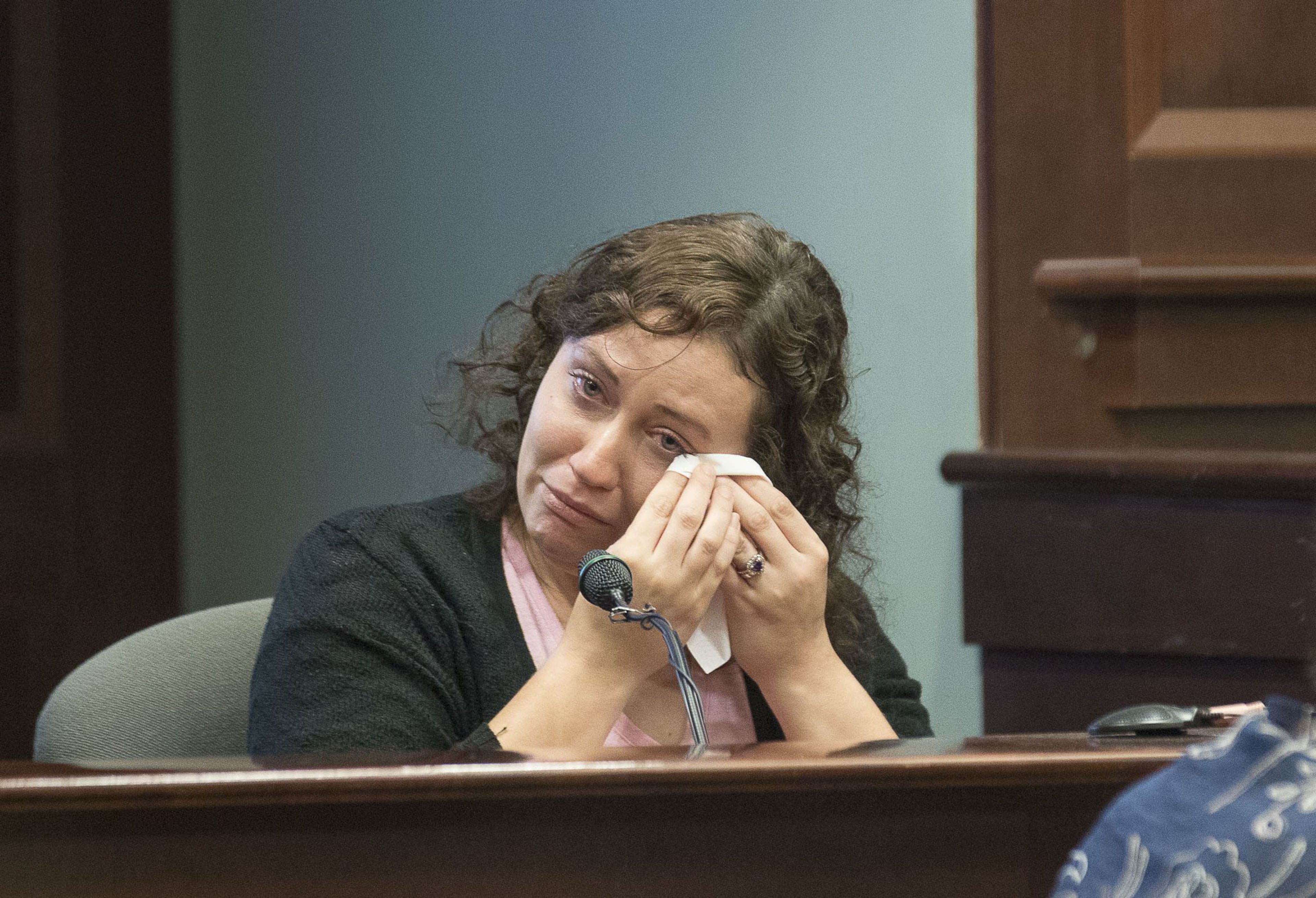 Tiffany Shaw, daughter of Cynthia Tate (who once cared for baby Laila Daniel, and who also testified), becomes emotional on the witness stand during the trial of Jennifer and Joseph Rosenbaum at Henry County Superior Court in McDonough on July 11, 2019. (Alyssa Pointer/alyssa.pointer@ajc.com)