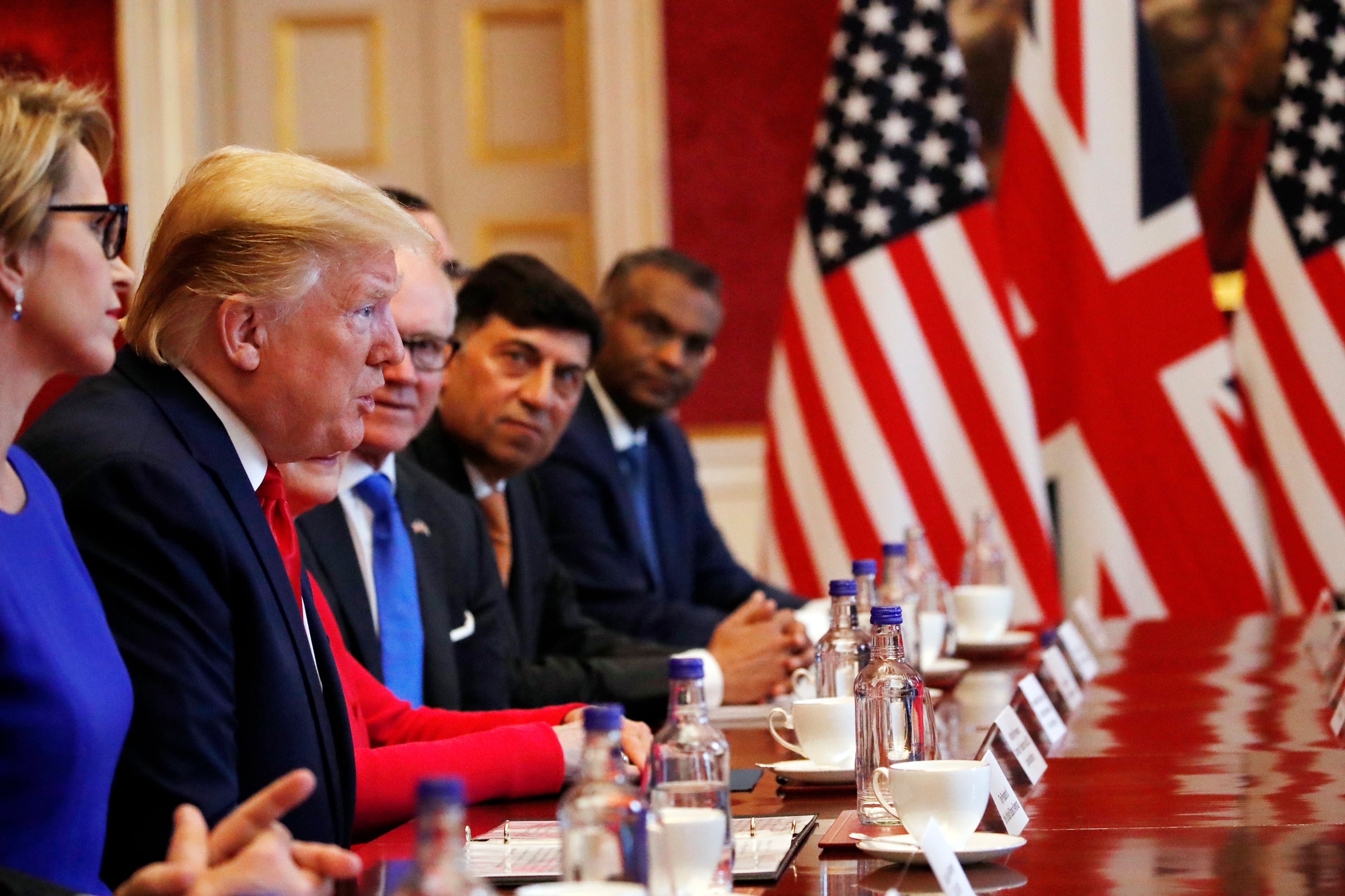 President Donald Trump speaks during a business roundtable event with British Prime Minister Theresa May, at St. James's Palace, Tuesday, June 4, 2019, in London. (AP Photo/Alex Brandon)