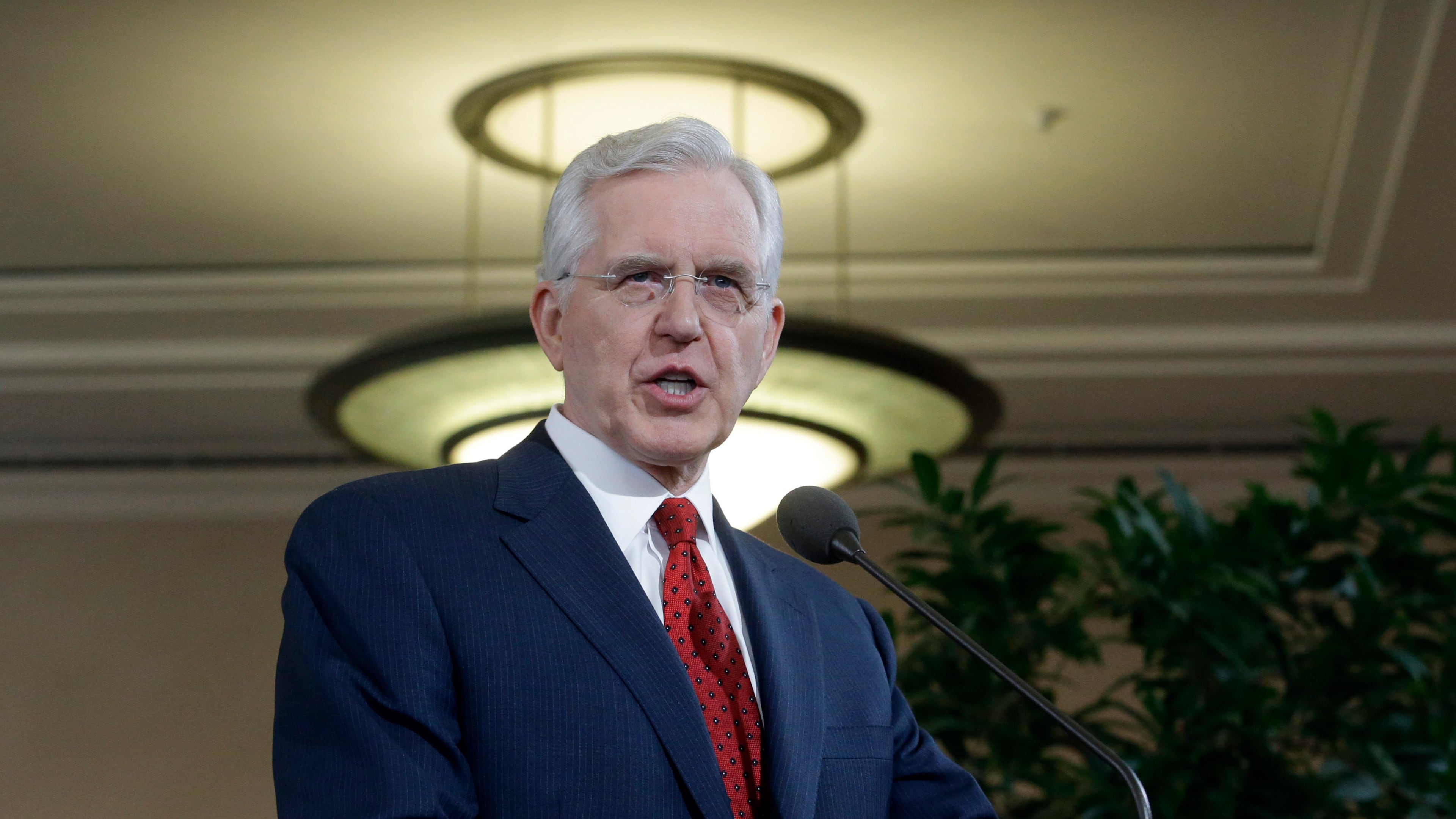 FILE - Elder D. Todd Christofferson of the Church's Quorum of the Twelve Apostles speaks during a news conference at the Conference Center, Jan. 27, 2015, in Salt Lake City. (AP Photo/Rick Bowmer, File)