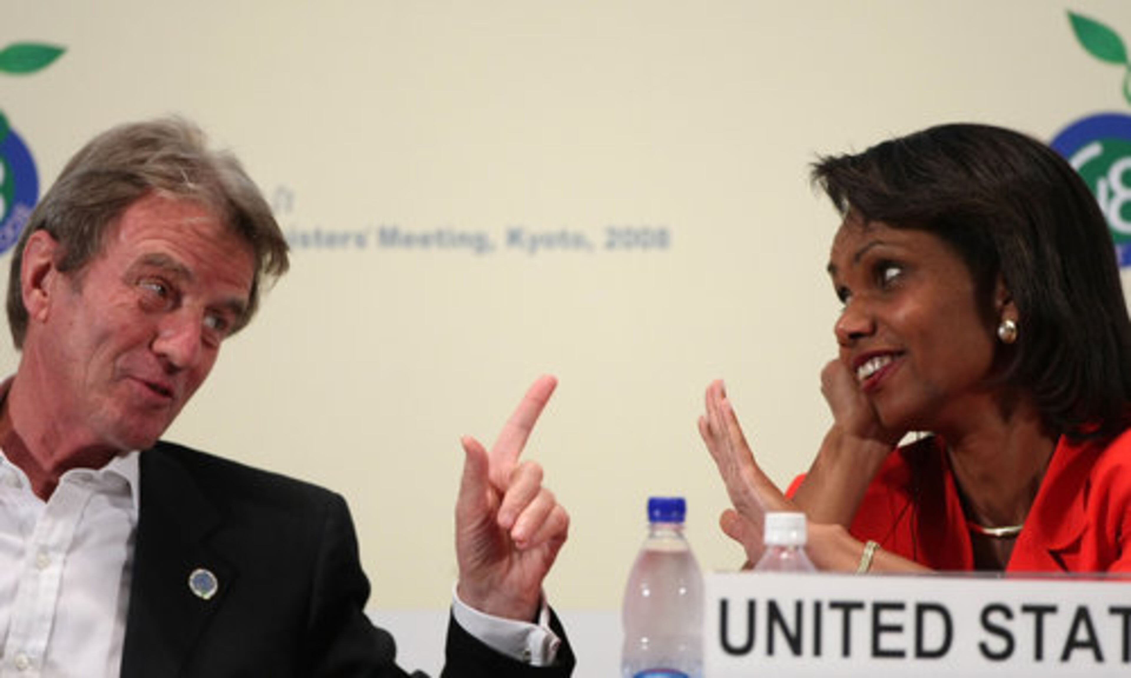 U.S. Secretary of State Condoleezza Rice and French Foreign Minister Bernard Kouchner attend a joint press conference during the G8 Foreign Ministers Meeting at Kyoto International Conference Center in Kyoto, Japan on Friday.