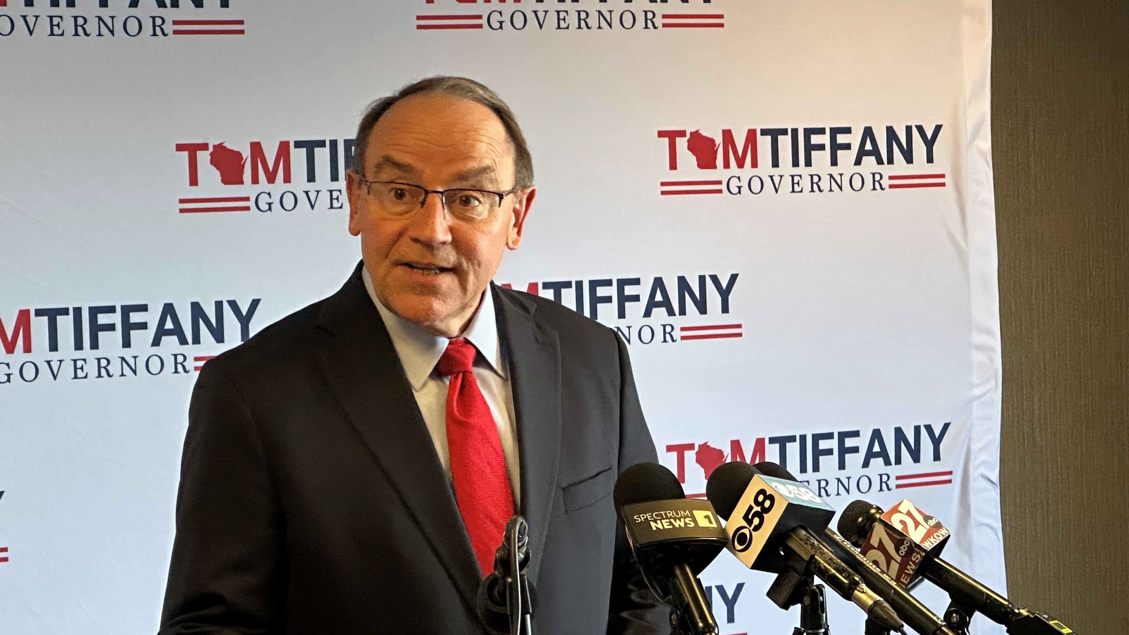 Republican U.S. Rep. Tom Tiffany, a candidate for Wisconsin governor, gives a news conference, Monday, Jan. 26, 2026, in Madison, Wis. (AP Photo/Scott Bauer)