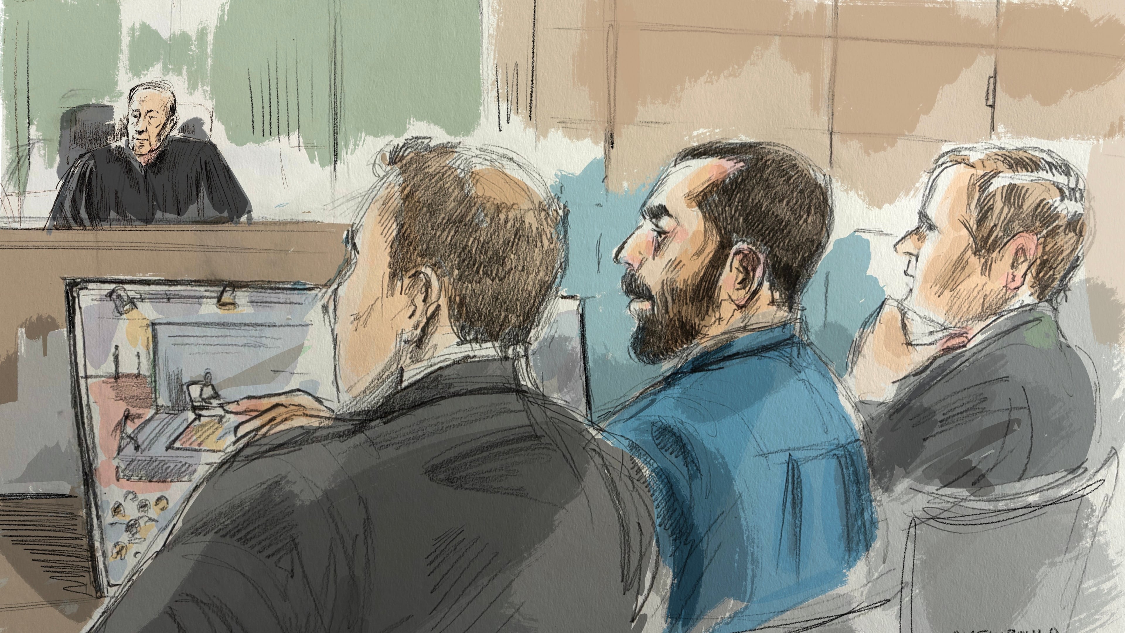 In this courtroom sketch, Hadi Matar, center, sits in federal court during his terrorism trial for his alleged attack on Salman Rushdie, Wednesday, July 22, 2026, in Buffalo, N.Y. (Alexandra Newbould via AP)