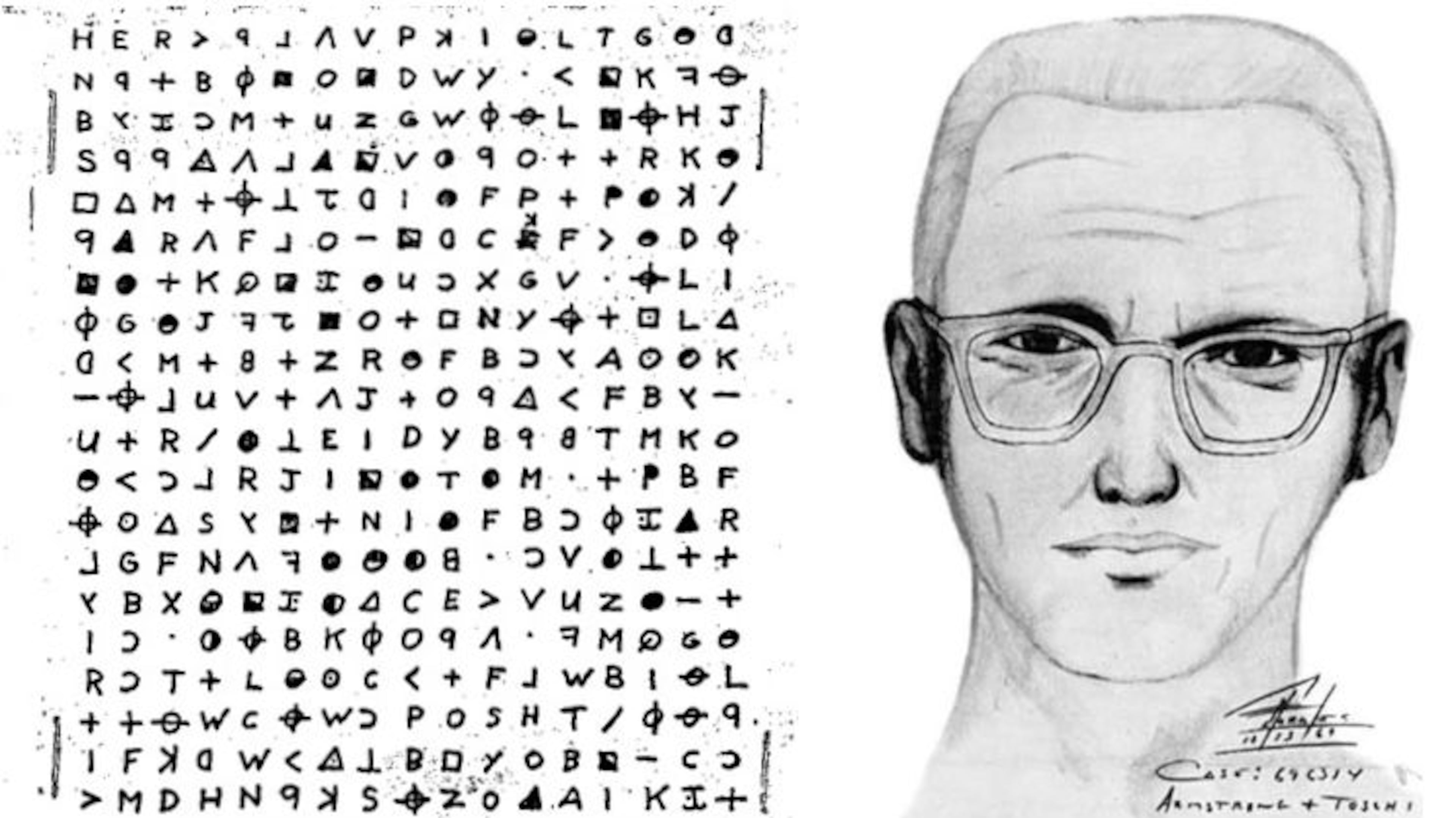 Pictured at left is one of the ciphers the self-identified Zodiac Killer sent to San Francisco-area newspapers during his string of attacks in 1968 and 1969. At right is a sketch made with the help of witnesses to one of his slayings. The killer has never been identified and police detectives in Vallejo, California, have submitted the envelopes from his letters to a DNA lab in the hopes of identifying a suspect 50 years later.