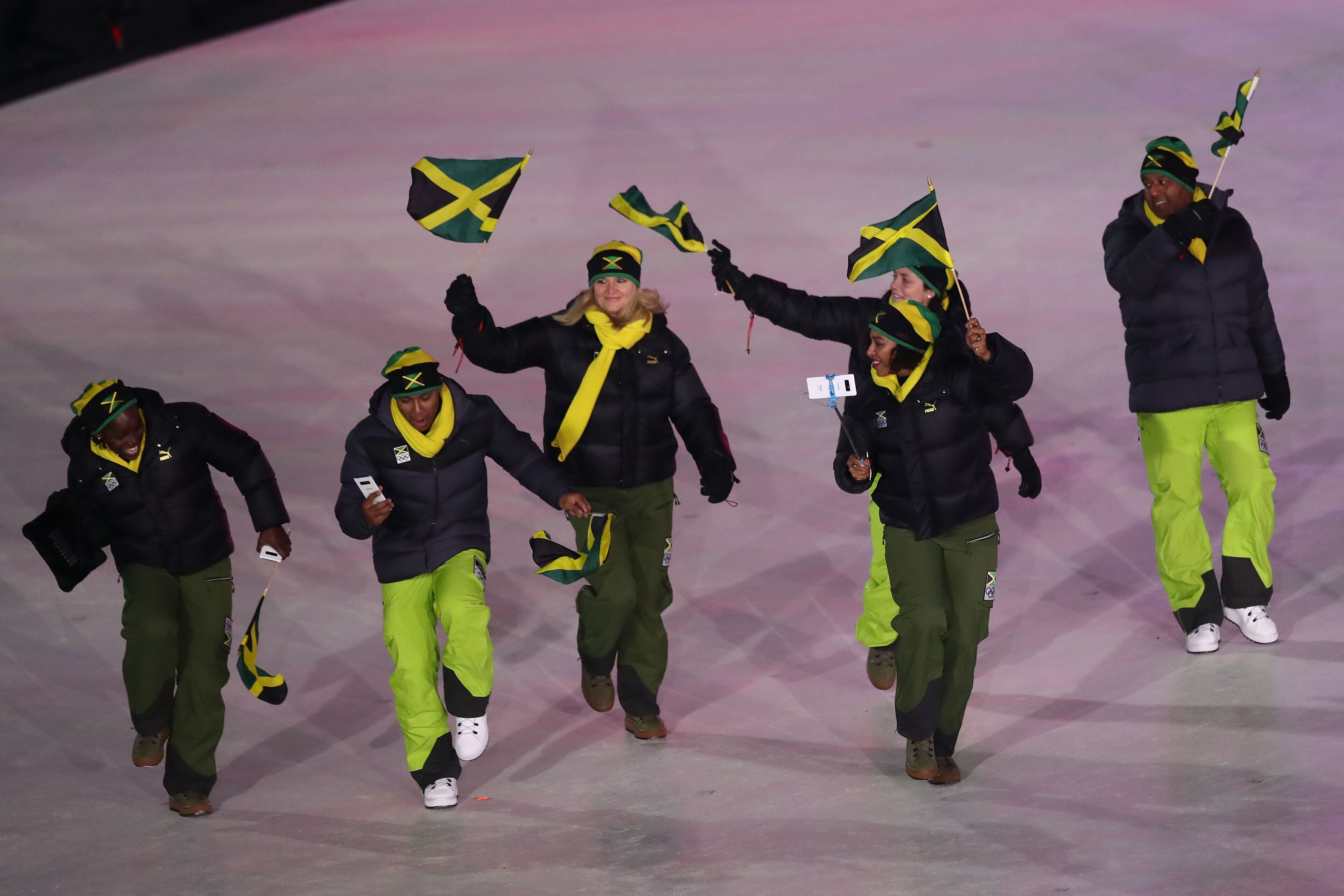 PYEONGCHANG-GUN, SOUTH KOREA - FEBRUARY 09: Members of Jamaica team during the Opening Ceremony of the PyeongChang 2018 Winter Olympic Games at PyeongChang Olympic Stadium on February 9, 2018 in Pyeongchang-gun, South Korea. (Photo by Ronald Martinez/Getty Images)