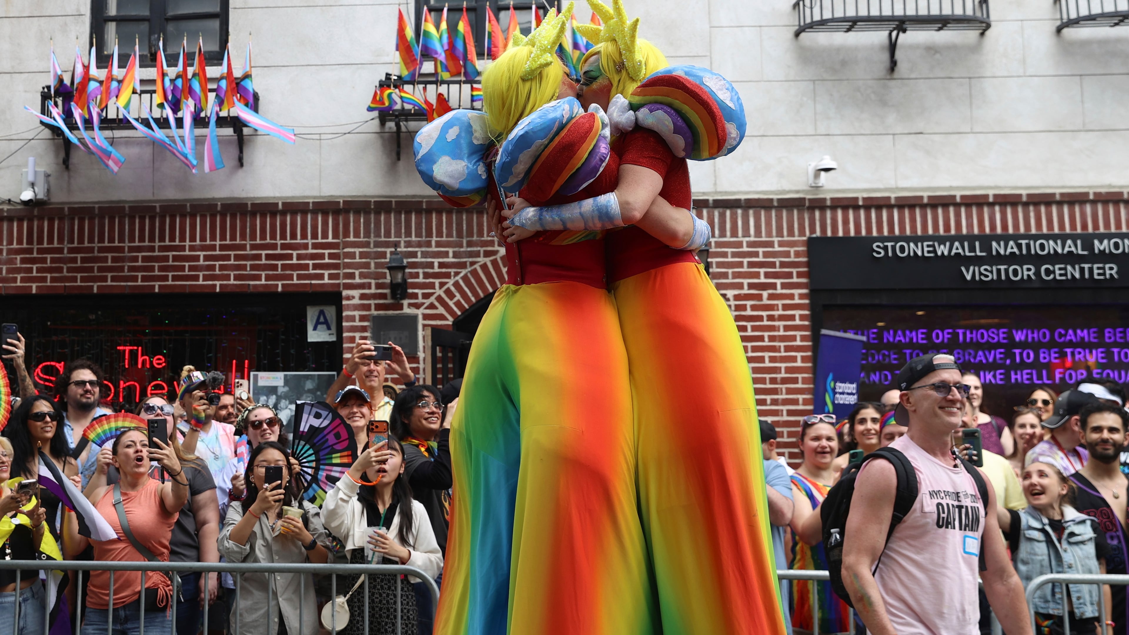 Parade-goers attend the NYC Pride March near the Stonewall Inn, Sunday, June 28, 2026 in New York. (AP Photo/Pamela Smith)