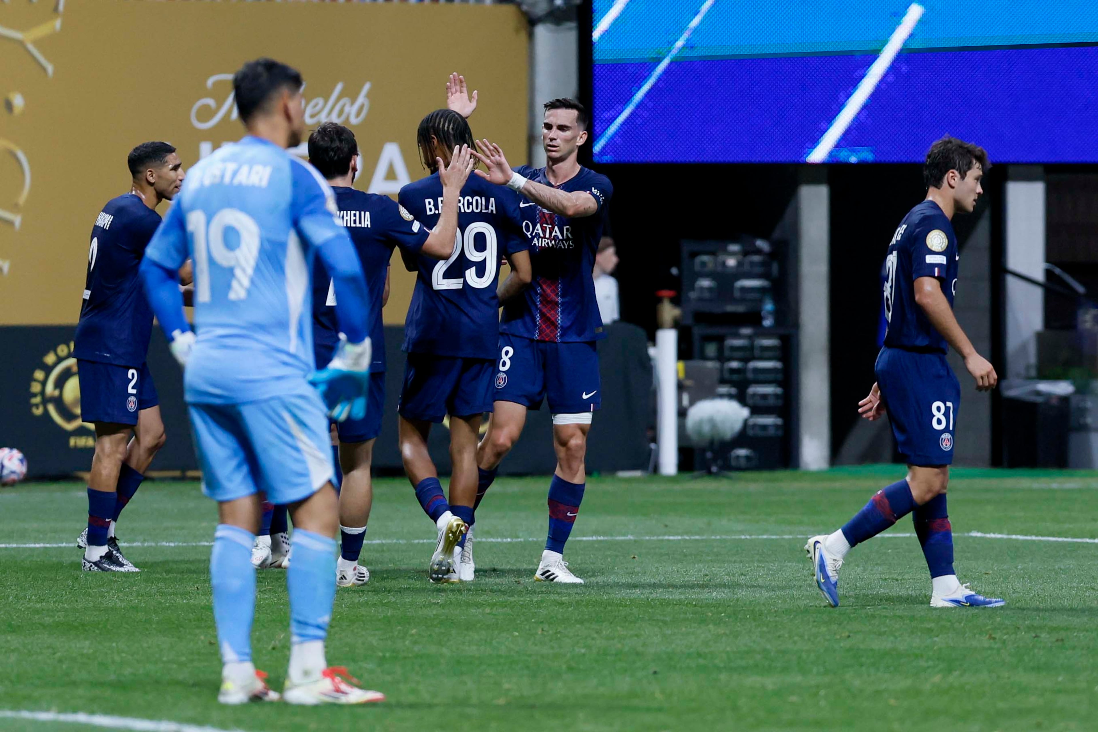 Paris Saint-Germain players recats after Inter Miami midfielder Tomás Aviles (6) score a own goal during the Club World Cup round of 16 soccer match between Paris Saint-Germain FC and Inter Miami in Atlanta, Georgia, on Sunday, June 29, 2025.
(Miguel Martinez/ AJC)