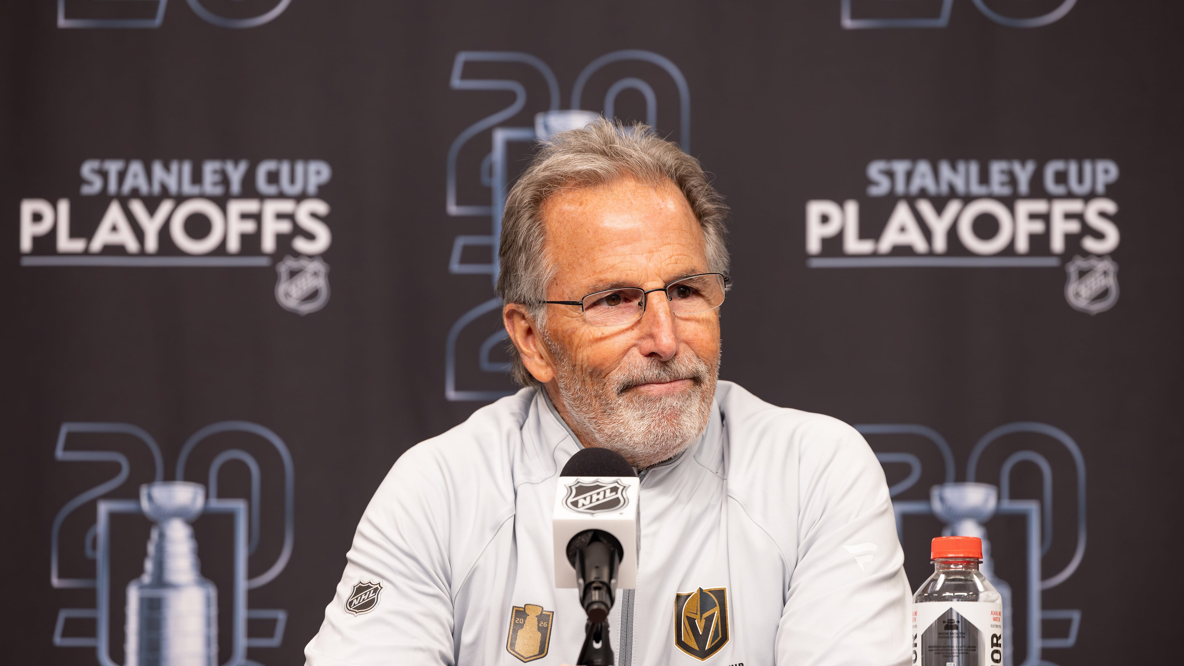 Vegas Golden Knights head coach John Tortorella speak at a press conference after Game 3 of the first round NHL hockey Stanley Cup playoff series against the Utah Mammoth, Friday, April 24, 2026, in Salt Lake City. (AP Photo/Melissa Majchrzak)