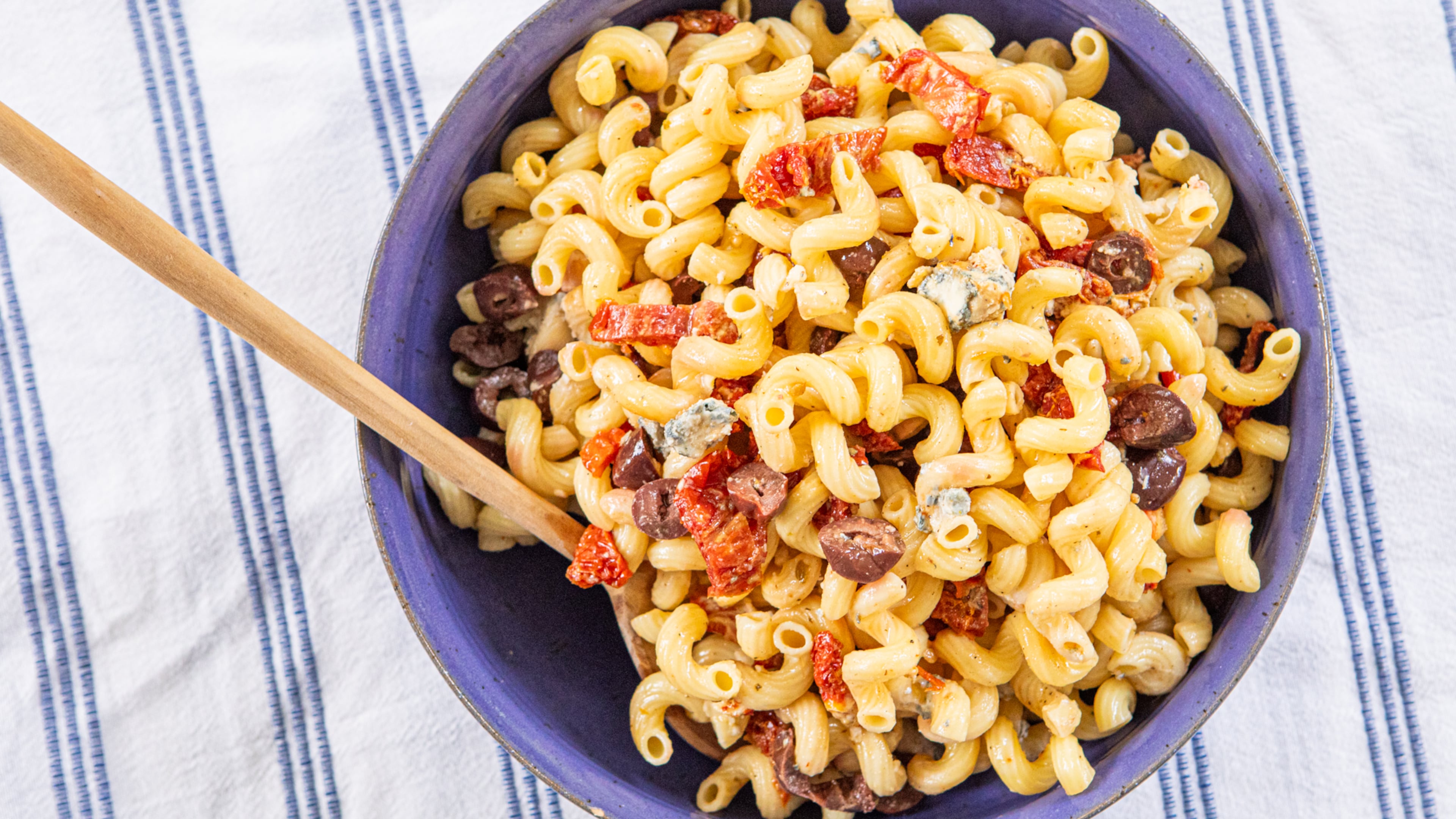 Red, White and Blue Pasta Salad. (Aaliyah Man for the AJC/food styling by Kate Williams)