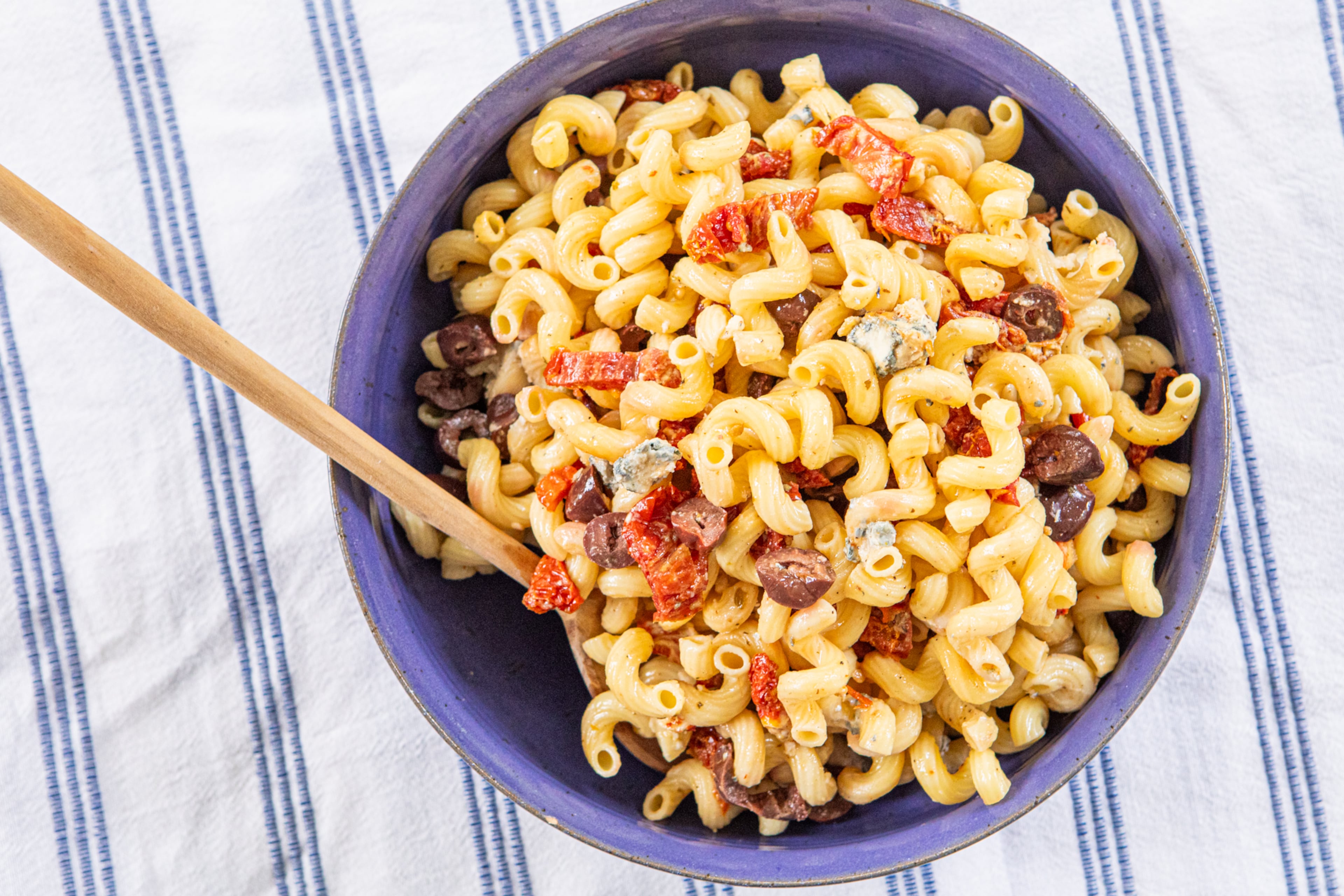 Red, White and Blue Pasta Salad. (Aaliyah Man for the AJC/food styling by Kate Williams)
