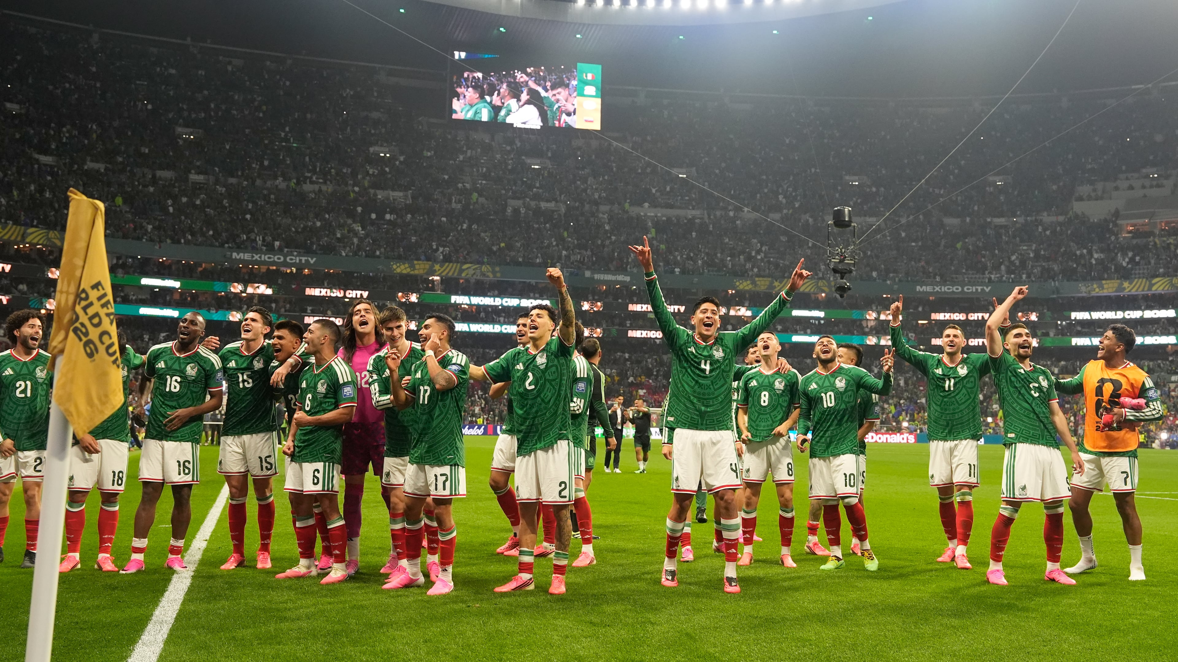 Mexico players celebrate after the World Cup round of 32 soccer match between Mexico and Ecuador in Mexico City, Tuesday, June 30, 2026. (AP Photo/Fernando Llano)