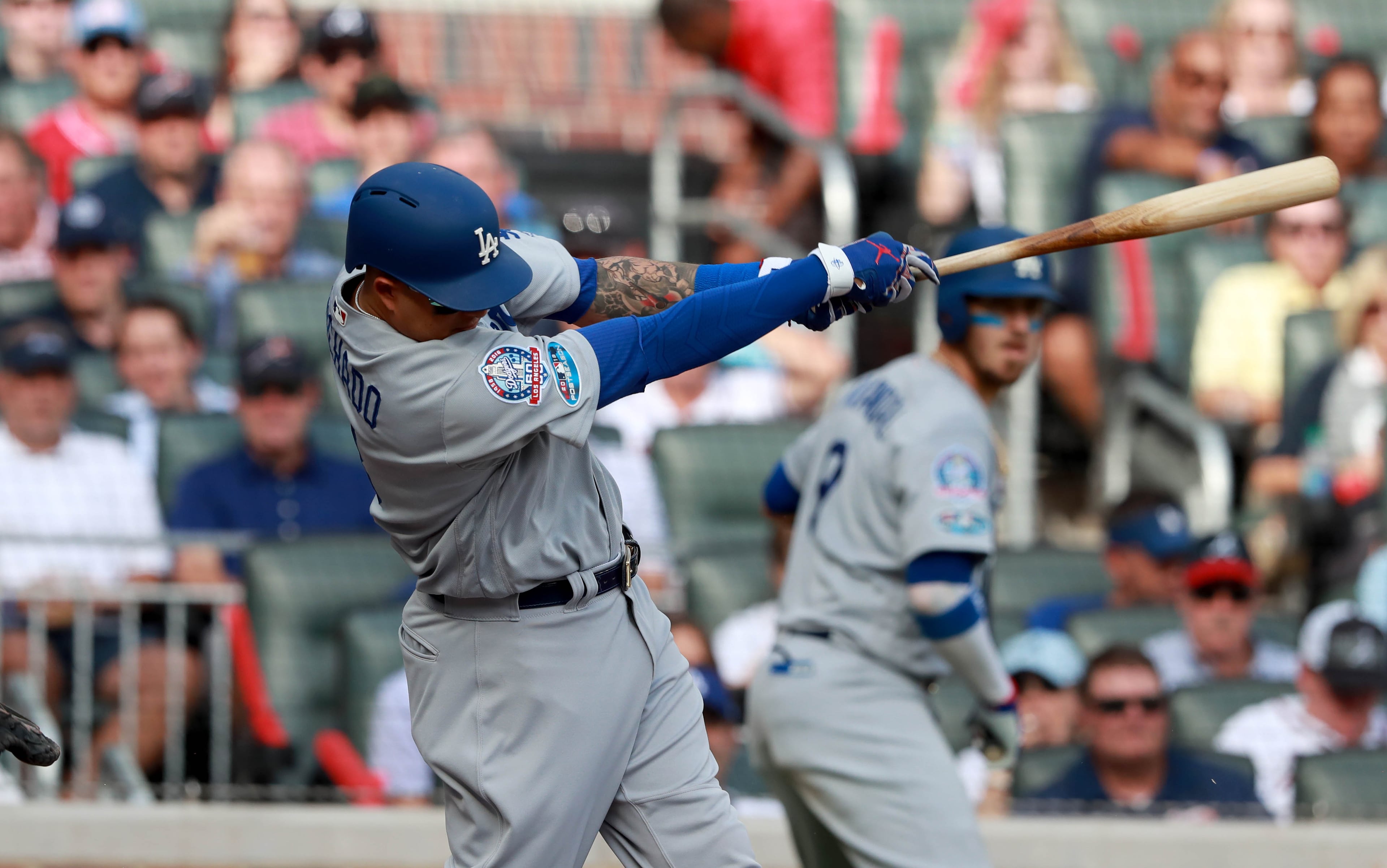 Manny Machado doubles in the top of the first, driving in the first run of the game to give the Dodgers a 1-0 lead. (Curtis Compton/ccompton@ajc.com)