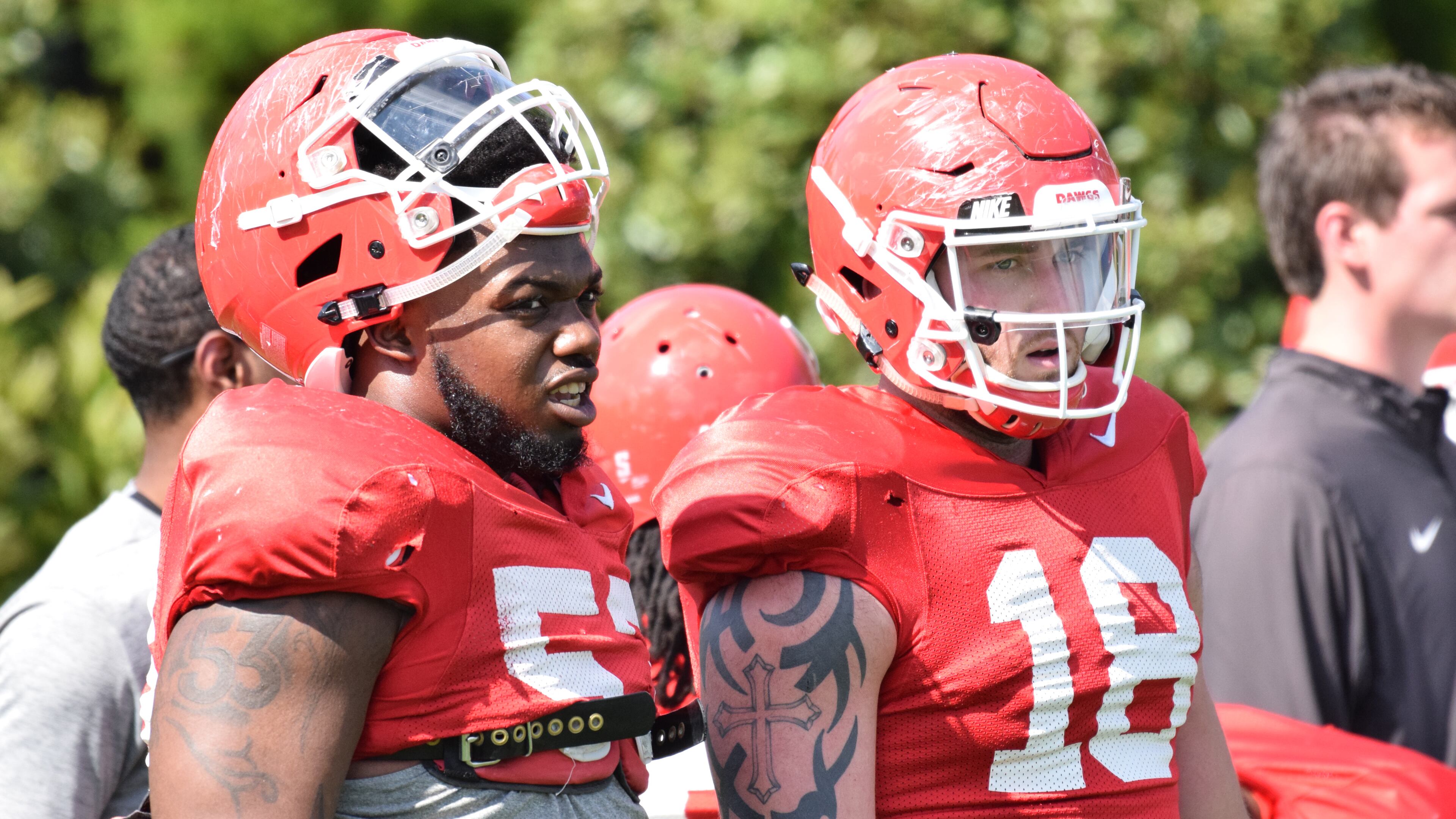Georgia center Lamont Gaillard (53) and Georgia tight end Isaac Nauta (18) during the Bulldogs' practice Tuesday, April 10, 2018, on the Woodruff Practice Fields in Athens