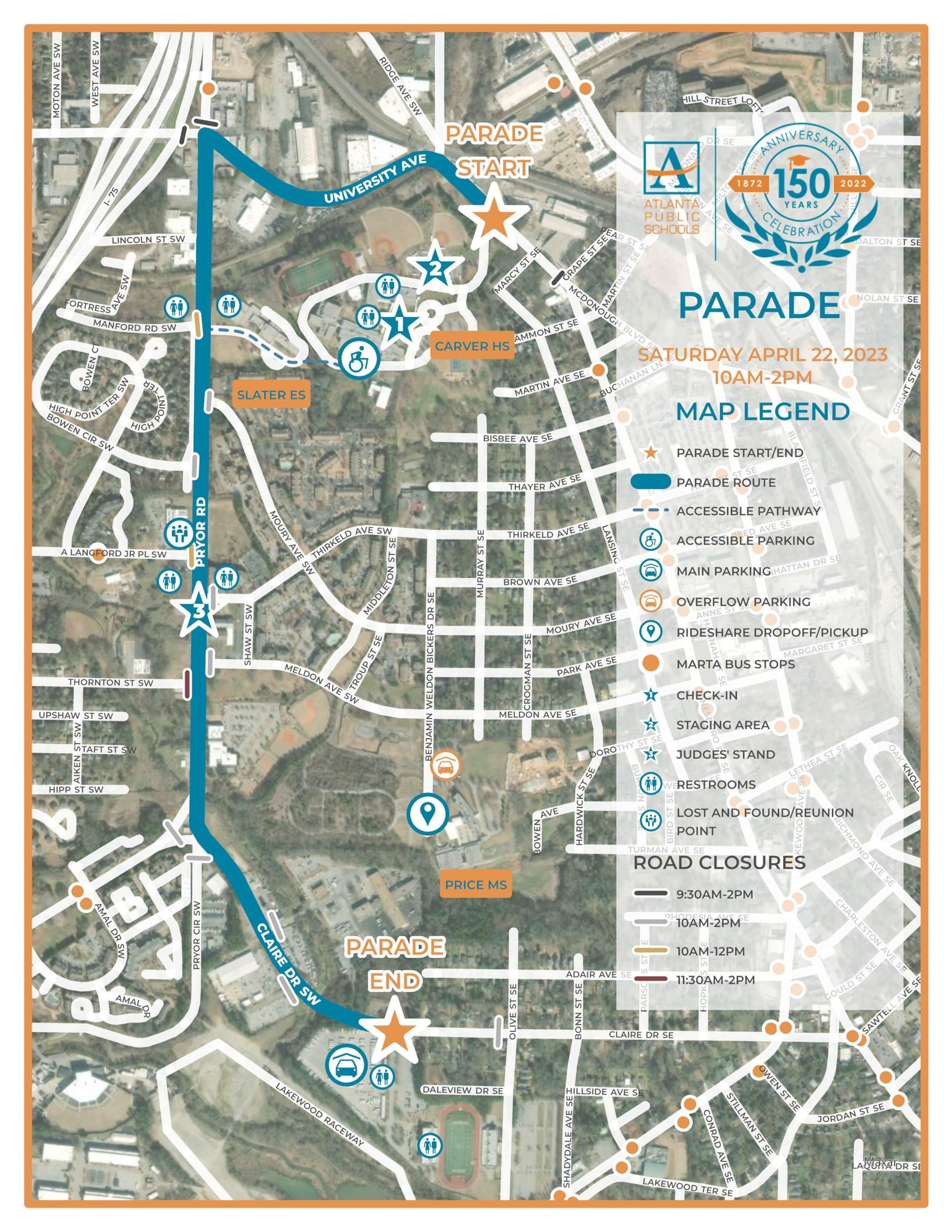 The parade route celebrating 150 years of Atlanta Public Schools, scheduled for Saturday, April 22, 2023, from 10 a.m.-2 p.m.