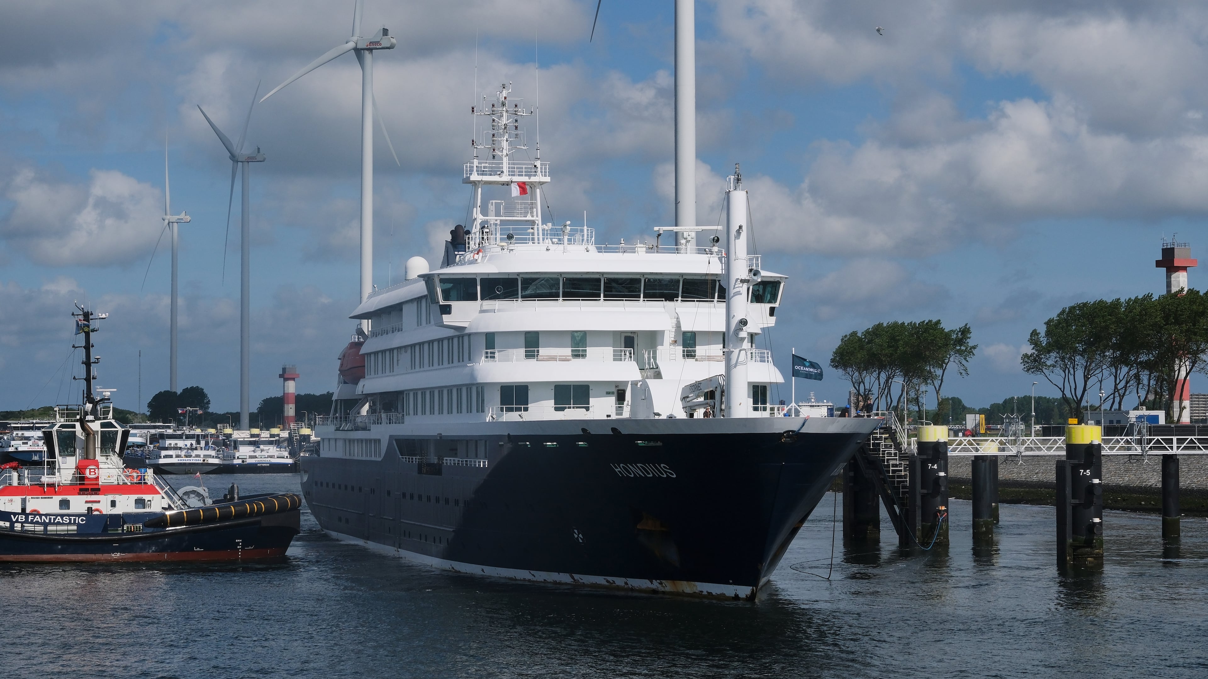 The MV Hondius cruise ship arrives at the Port of Rotterdam, Netherlands, Monday, May 18, 2026. (AP Photo/Patrick Post)