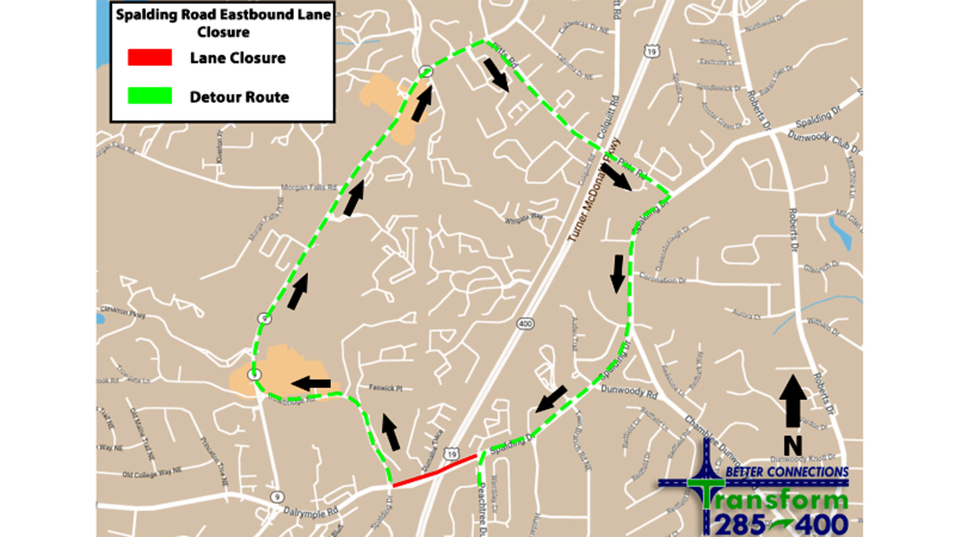 Map depicts the recommended construction detour when eastbound Spalding Drive is closed at Ga. 400. GEORGIA DEPARTMENT OF TRANSPORTATION