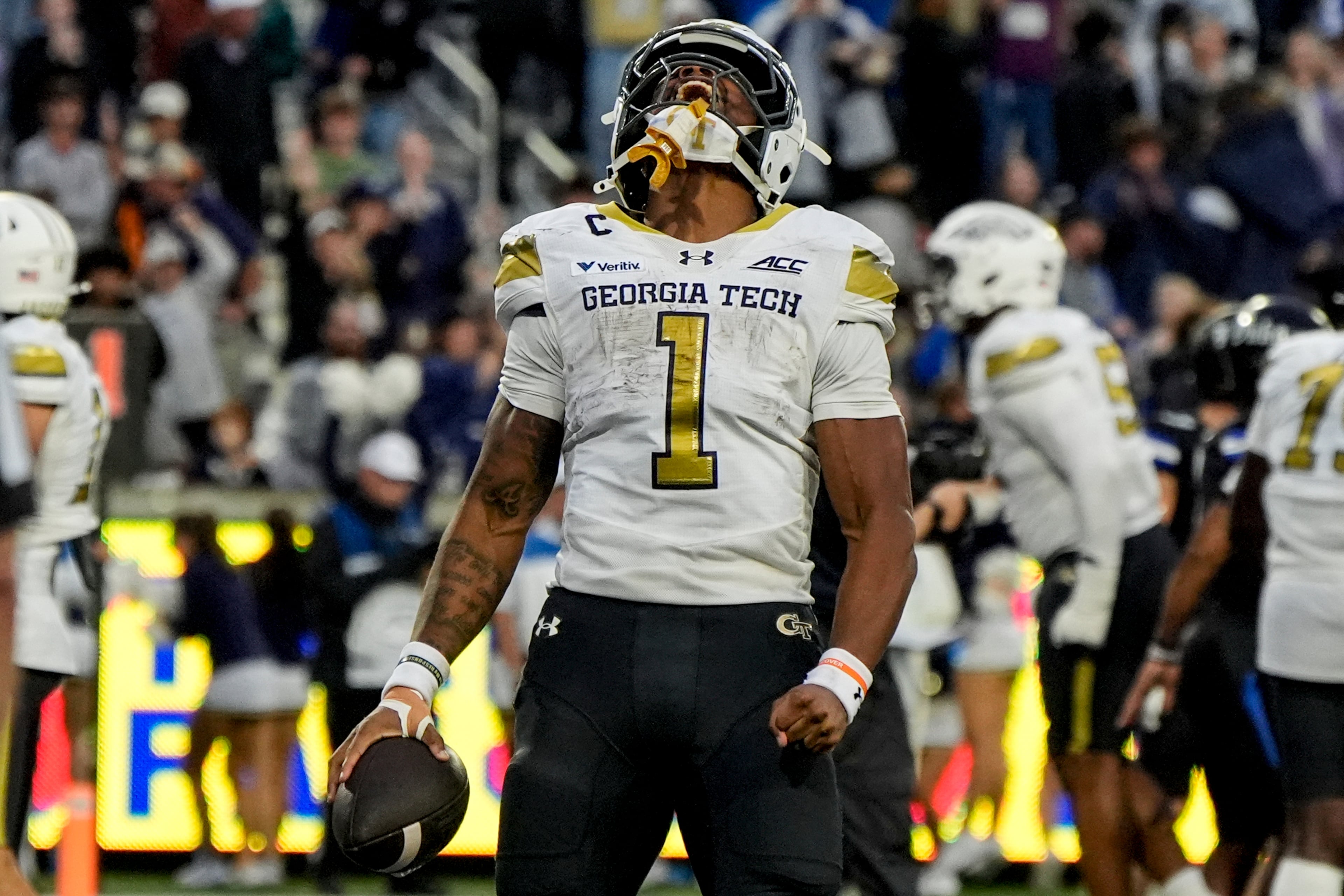 Georgia Tech running back Trelain Maddox celebrates his touchdown against Duke during the second half of an NCAA college football game, Saturday, Oct. 10, 2026, in Atlanta. (Mike Stewart/AP)