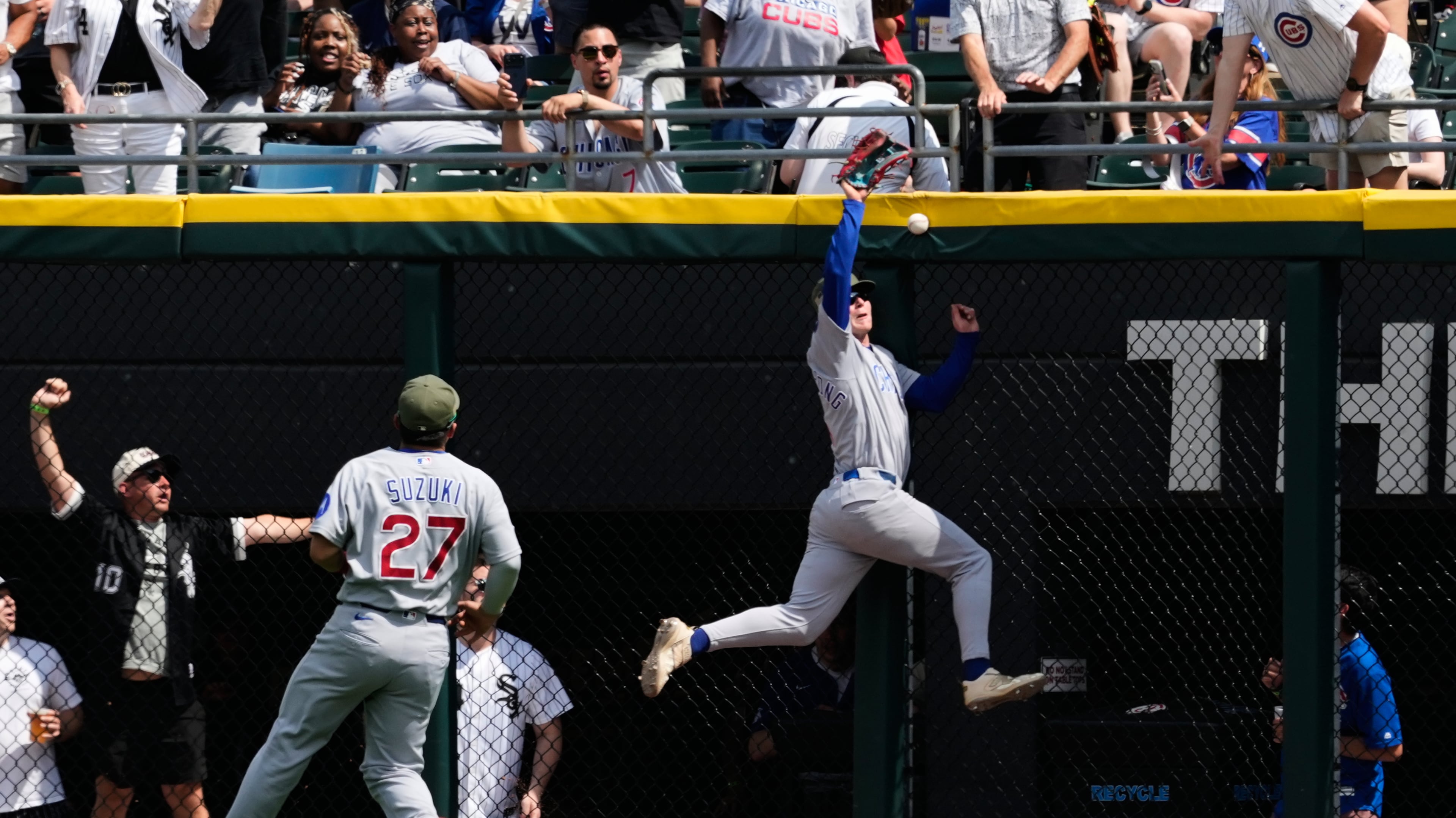 Chicago Cubs center fielder Pete Crow-Armstrong, right, cannot catch a two-run double hit by Chicago White Sox's Miguel Vargas during the fifth inning of a baseball game in Chicago, Sunday, May 17, 2026. (AP Photo/Nam Y. Huh)