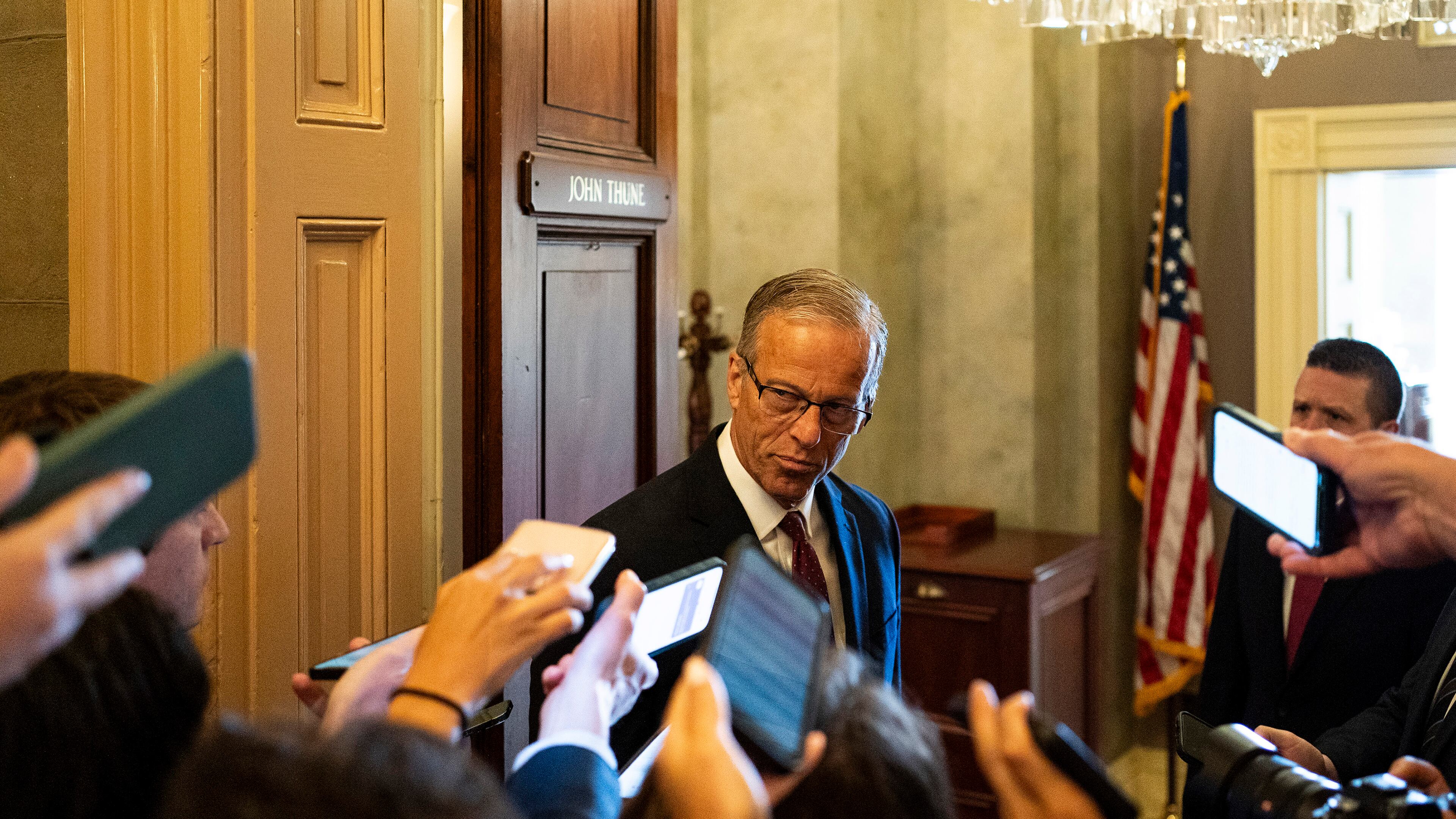 Senate Majority Leader John Thune (R-S.D.) speaks to reporters on Capitol Hill in Washington, May 22, 2025. Senate Republicans made clear that they would make significant changes to President Donald Trump’s domestic policy bill that could alienate their House colleagues, who pushed the major legislation through their chamber at great political risk. (Haiyun Jiang/The New York Times)
