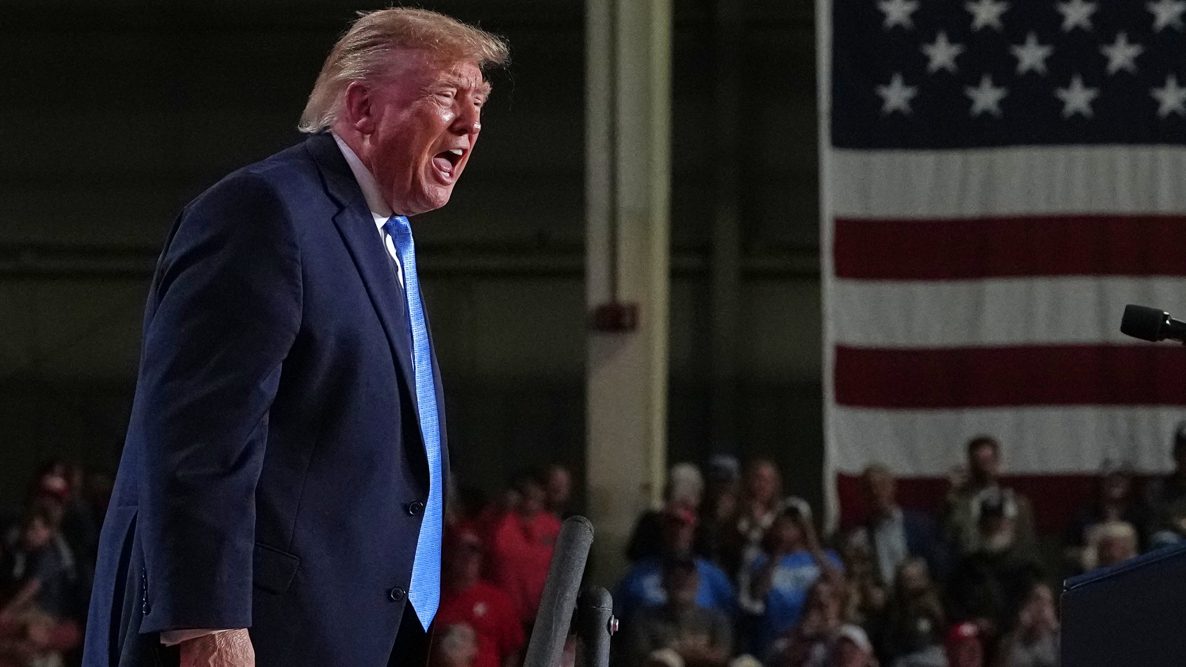 President Donald Trump yells after speaking at a campaign rally at Crossroads Arena, in Corinth, Miss., Monday, Oct. 26, 2026. (AP Photo/Jacquelyn Martin)