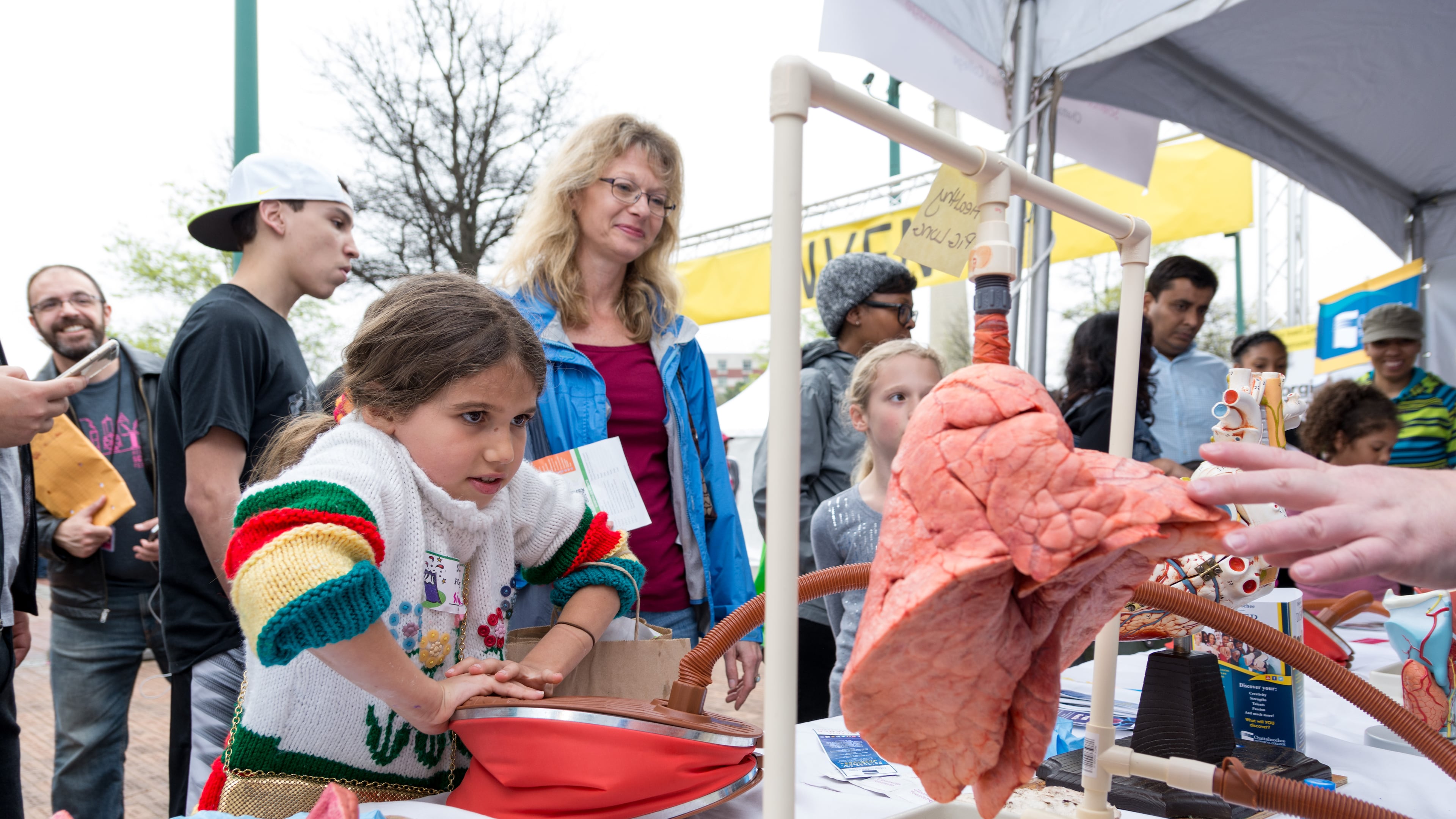 The Atlanta Science Festival offers a wide array of hands-on experiences, such as pumping air into a set of animal lungs at the Exploration Expo. The fest's kickoff event is March 8 at Georgia Tech, and the closing Exploration Expo in Piedmont Park happens March 22. (Photo by Rob Felt, 2016)