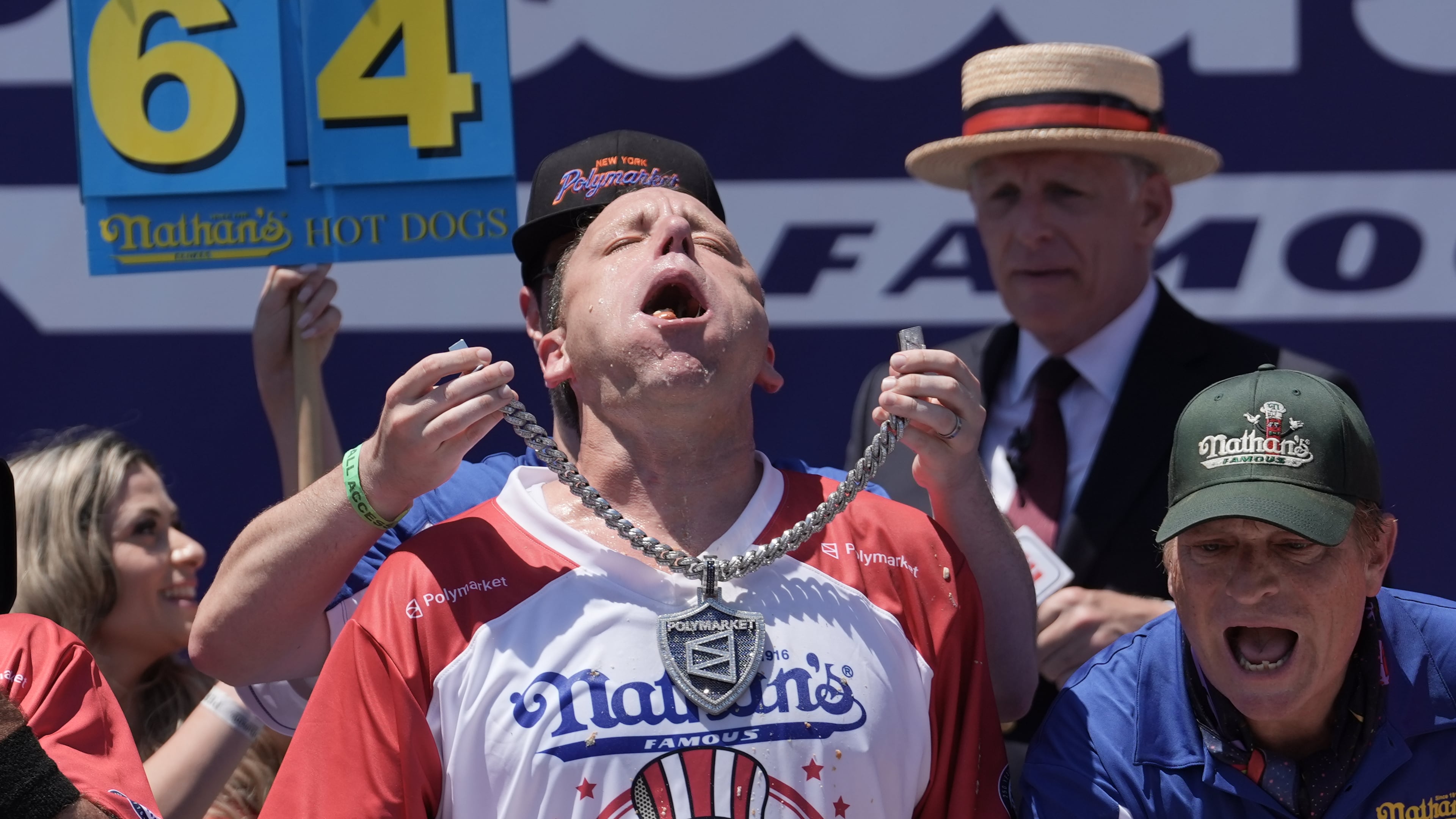 Joey Chestnut wins the 2026 Nathan's Famous Fourth of July hot dog eating contest at Coney Island in the Brooklyn borough of New York, Saturday, July 4, 2026. (AP Photo/Anna Connors)