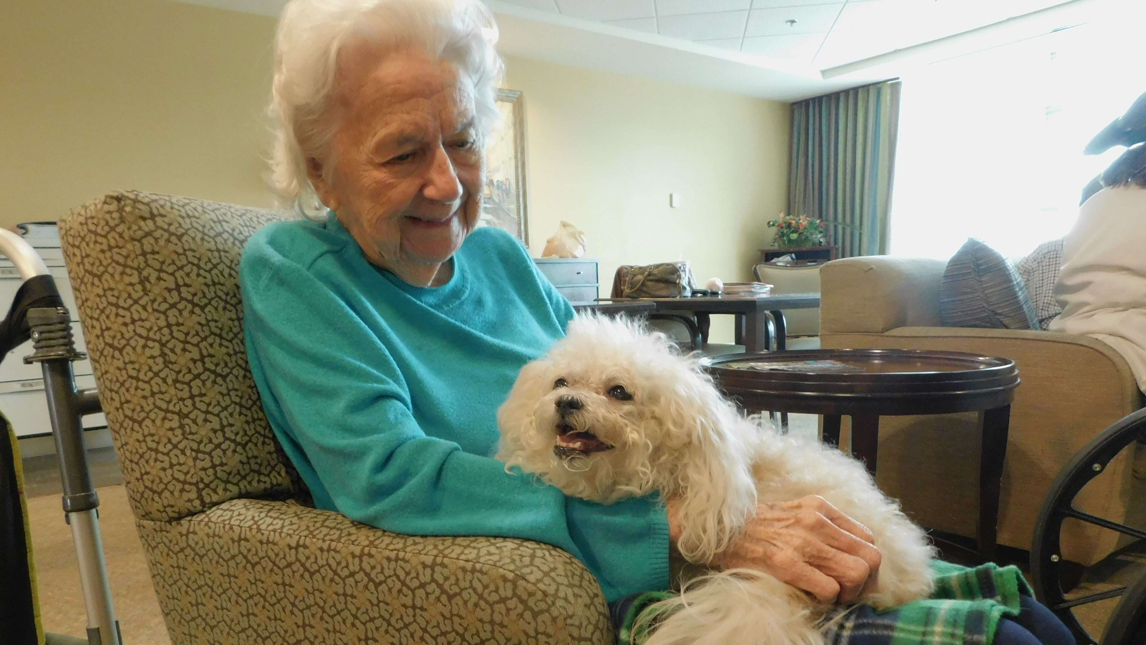 Carolyn Barlow enjoys holding therapy dog Shayna. Happy Tails volunteer Gerry Serotte brought Shayna to a pet therapy visit at Lenbrook senior community in Atlanta. Photo contributed by Lenbrook.