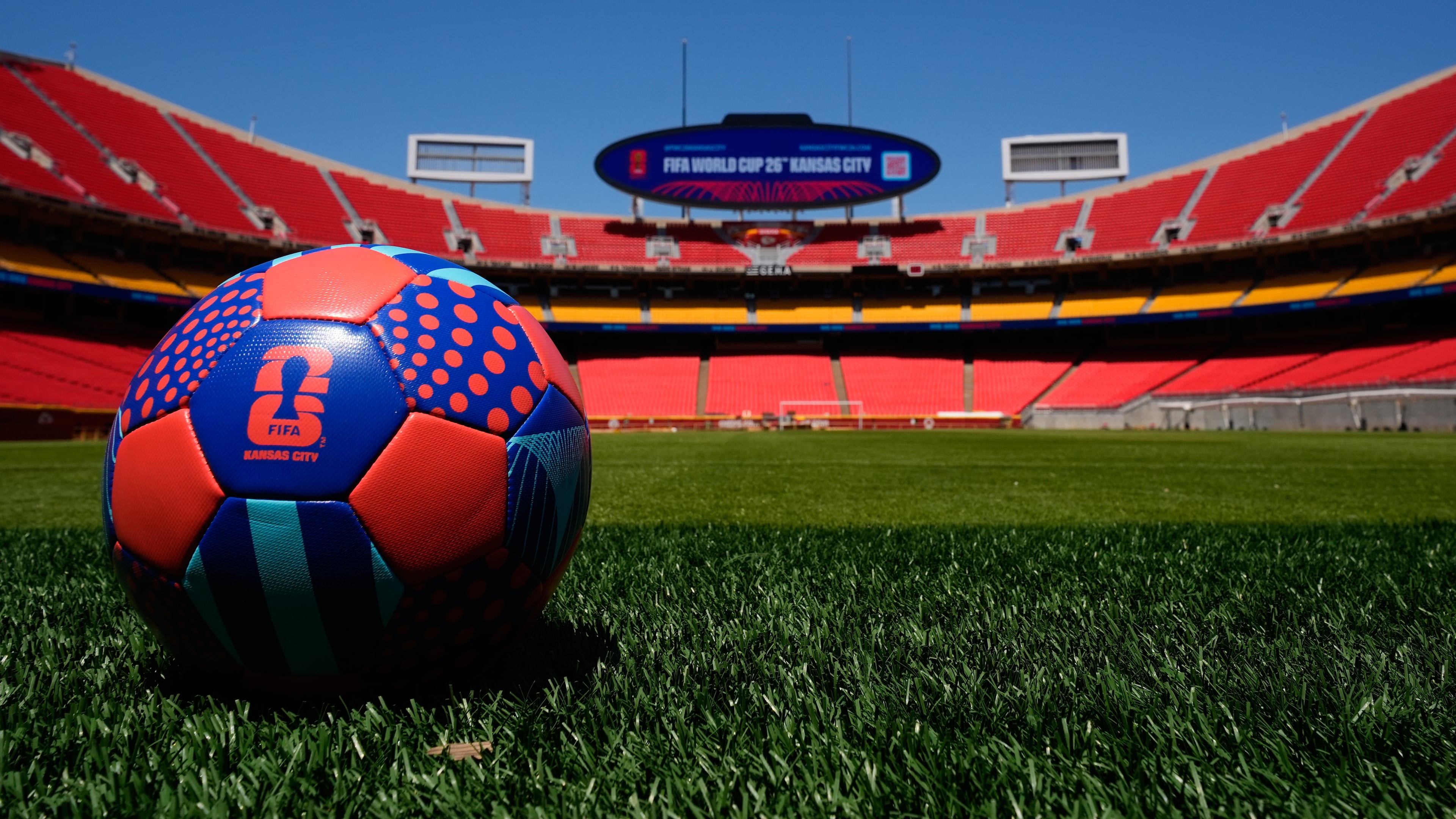 A general view of Arrowhead Stadium as it is rebranded as Kansas City Stadium, Monday, May 11, 2026, ahead of the 2026 FIFA World Cup soccer matches in Kansas City, Mo. (AP Photo/Charlie Riedel)