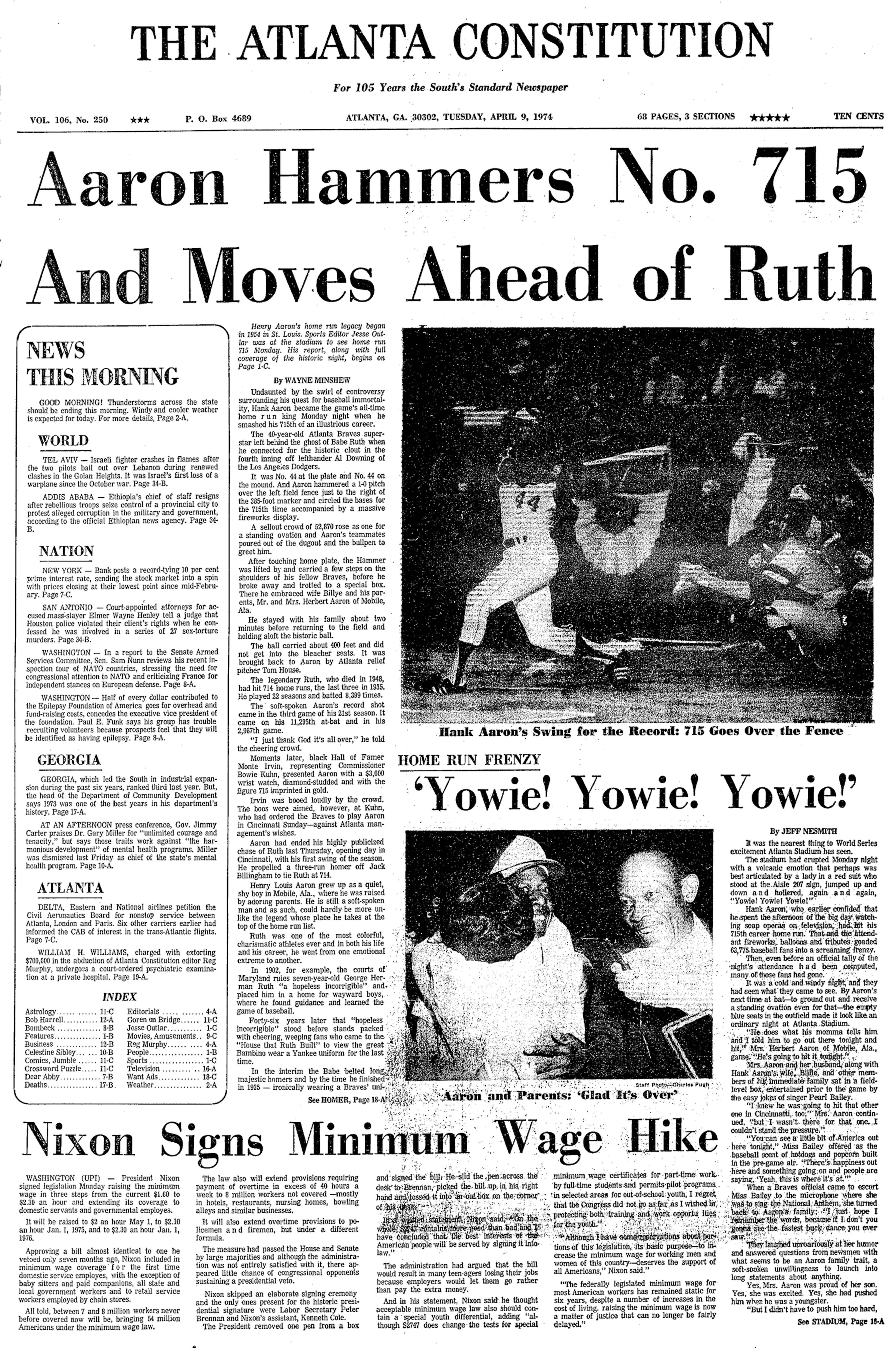 The Tuesday, April 9, 1974 edition of The Atlanta Constitution captures the moment Hank Aaron hit his 715th home run. (AJC Archive)
