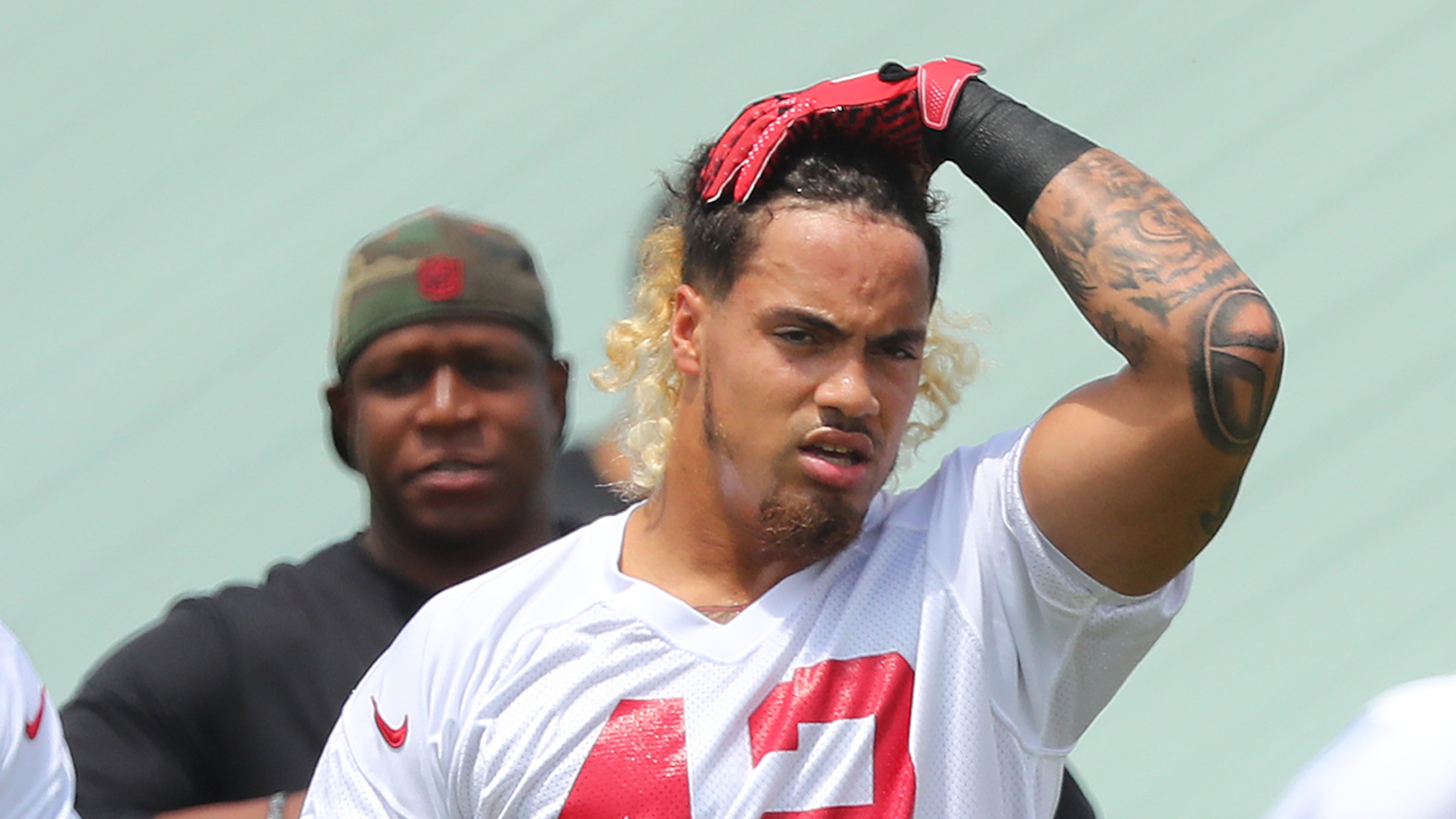 May 12, 2017, Flowery Branch: Falcons rookie linebacker Duke Riley, LSU, prepares to stretch during warmups at rookie mini-camp on Friday, May 12, 2017, in Flowery Branch. Curtis Compton/ccompton@ajc.com