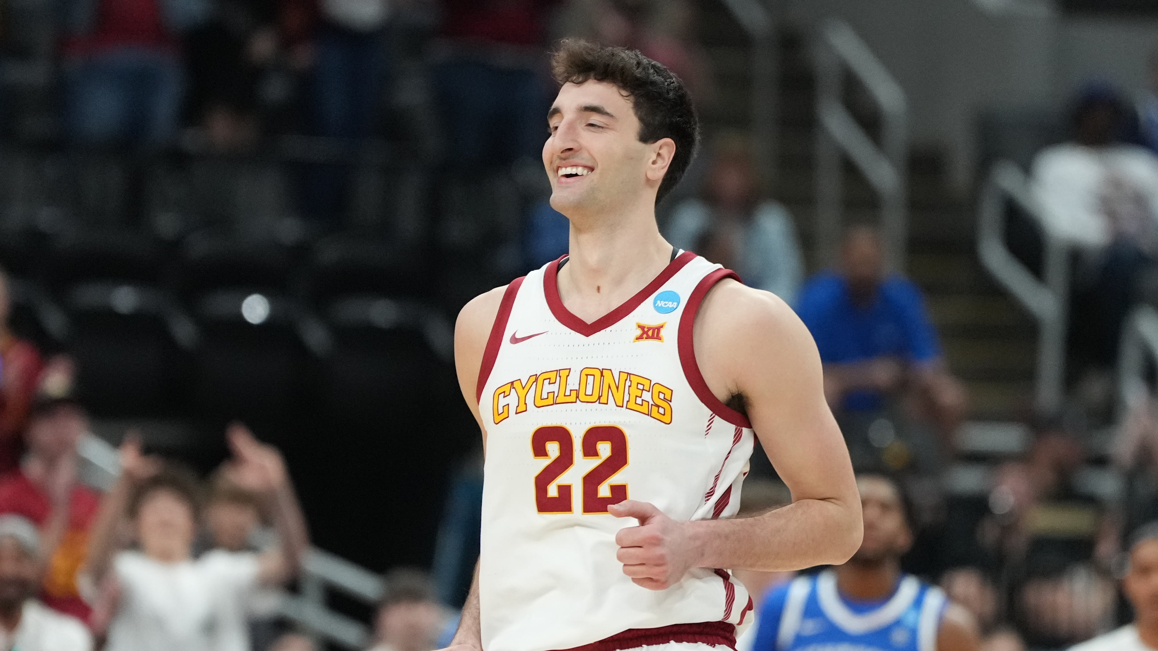FILE -Iowa State's Milan Momcilovic celebrates during the second half in the second round of the NCAA college basketball tournament against Kentucky, Sunday, March 22, 2026, in St. Louis. (AP Photo/Jeff Roberson, File)