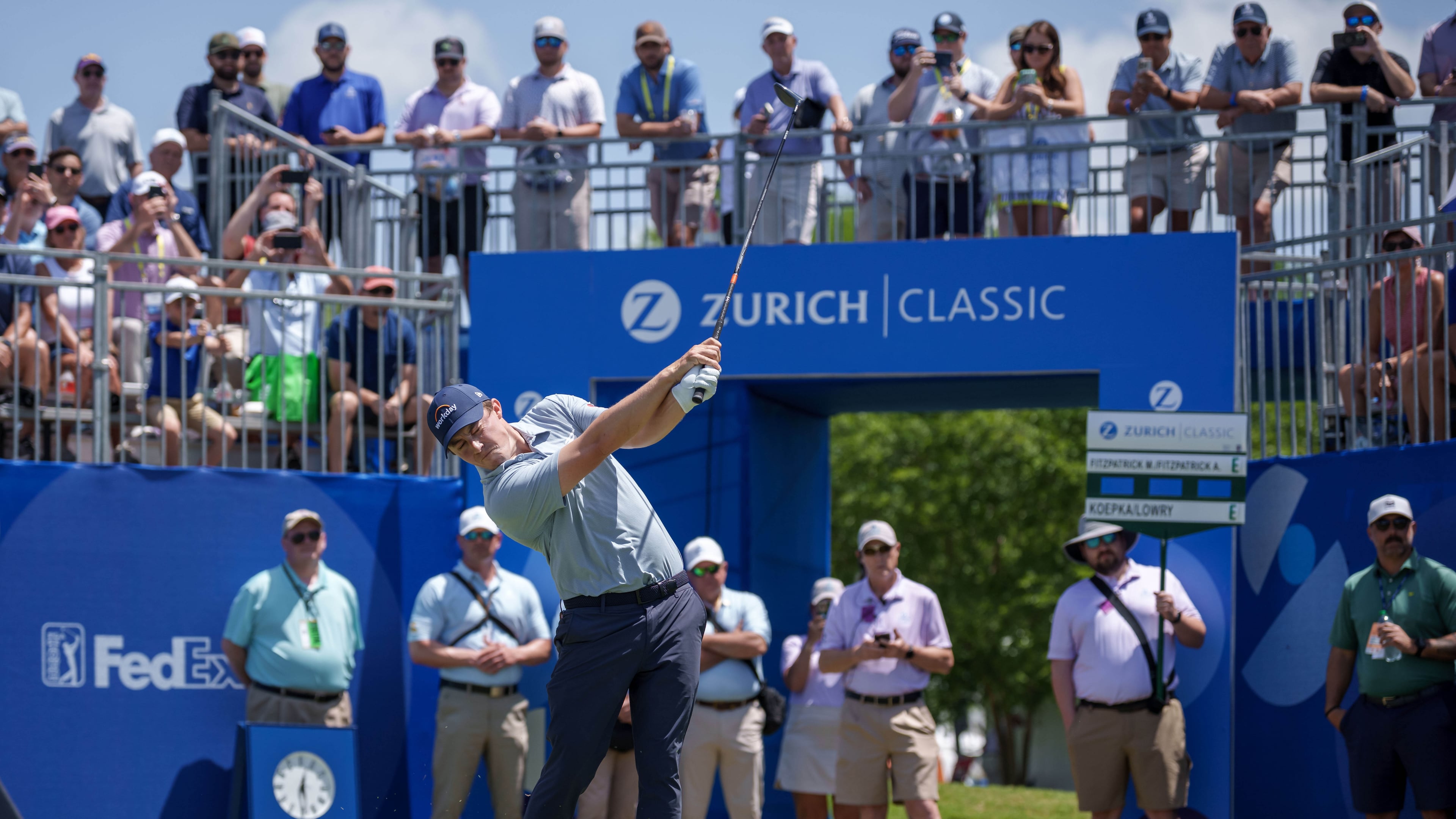 Matt Fitzpatrick, of England, tees off on the first hole during the first round of the PGA Zurich Classic golf tournament, Thursday, April 23, 2026, in Avondale, La. (AP Photo/Matthew Hinton)