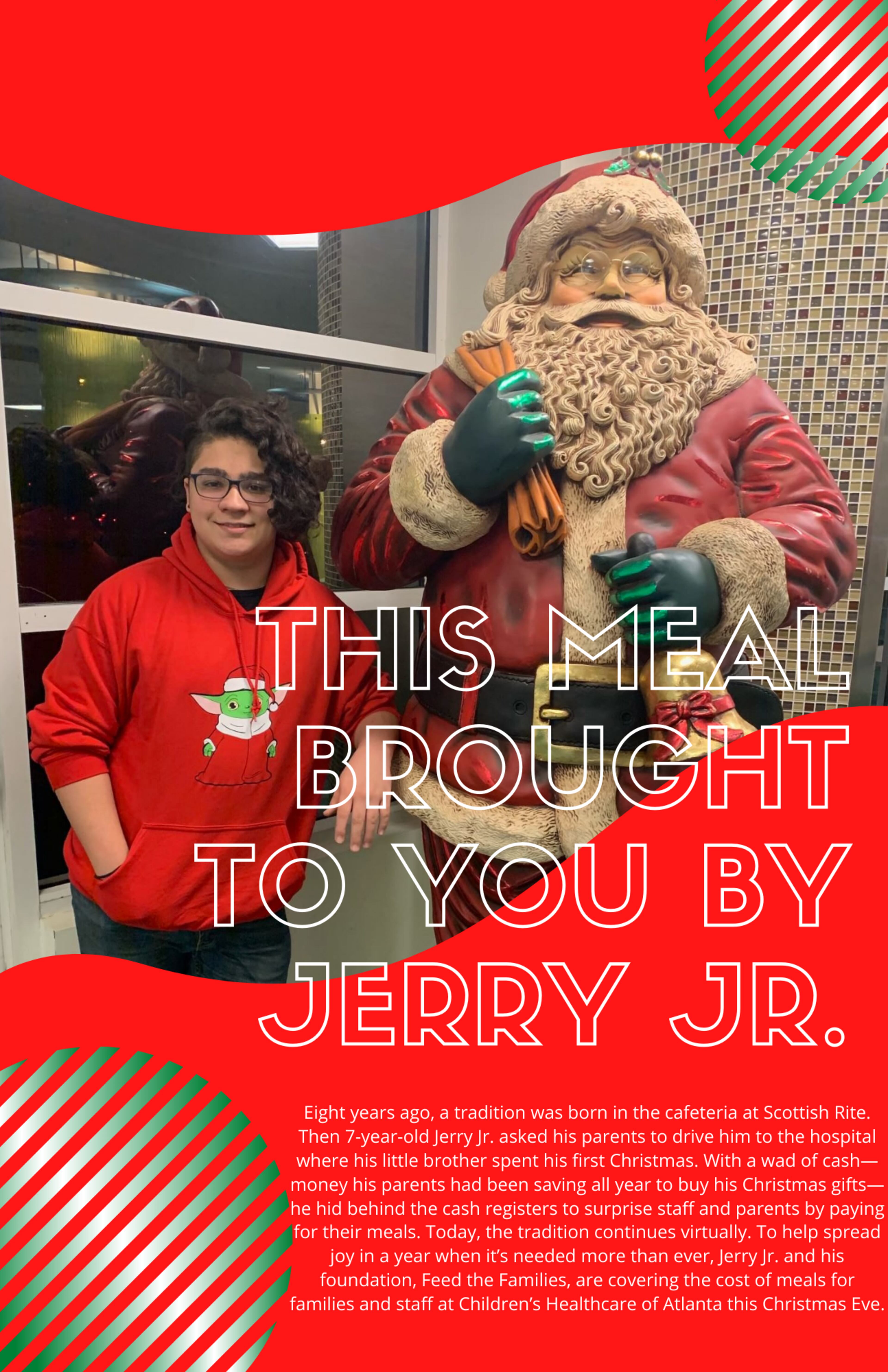 This is the flier that will greet those who buy breakfast at Children's Healthcare of Atlanta on Christmas morning. Though he can't be there in person because of COVID-19, Jerry Hatcher Jr. is spending $1,200 of his allowance and donations to buy breakfast for families and staff at the hospital. This will be his 8th year spreading holiday cheer. (Courtesy of Children's Healthcare of Atlanta)