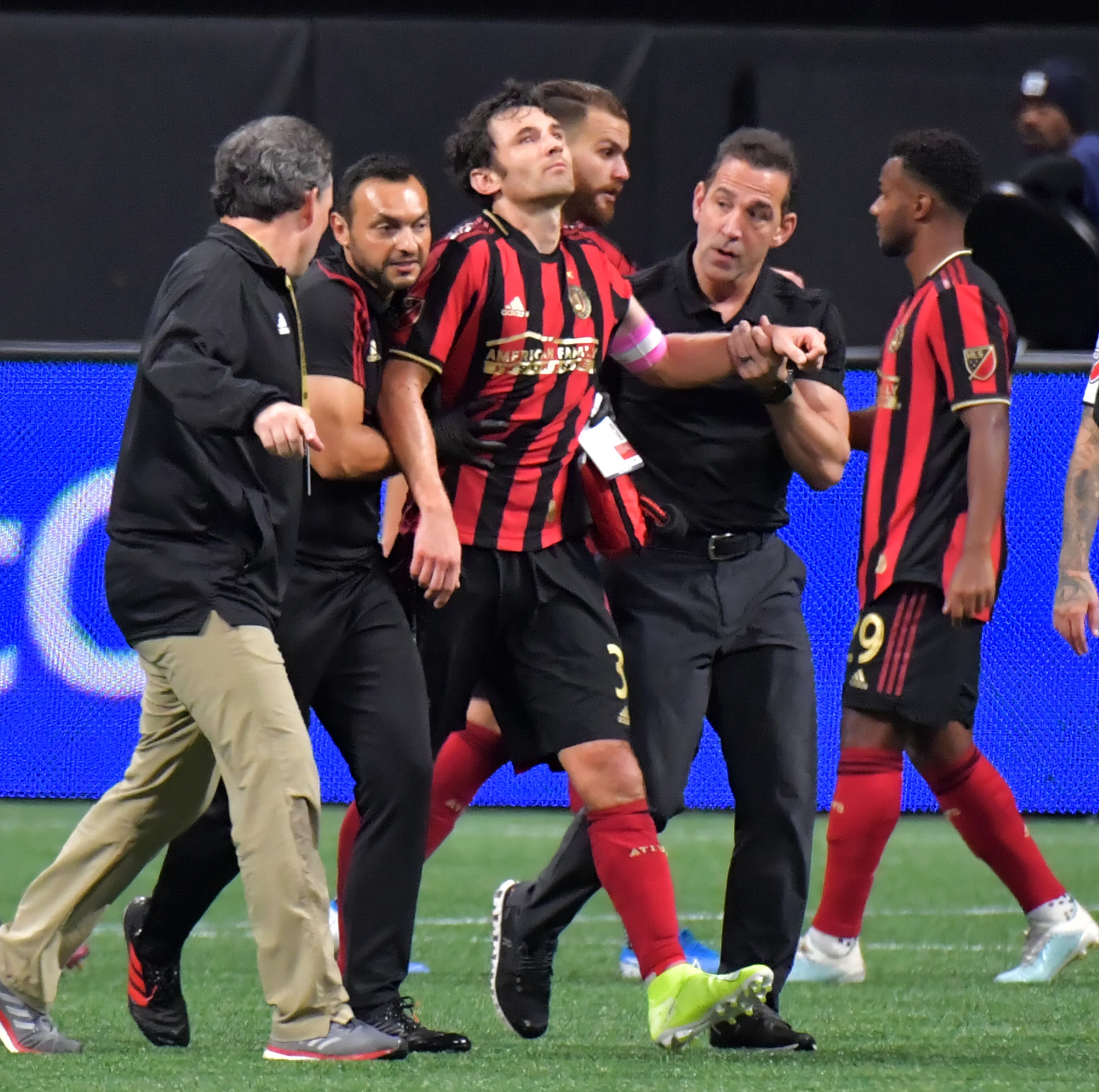 Atlanta United defender Michael Parkhurst (3) injures in the second half during the first round of the MLS playoffs at Mercedes-Benz Stadium on Saturday, October 19, 2019. Atlanta United won 1-0 over the New England Revolution. (Hyosub Shin / Hyosub.Shin@ajc.com)