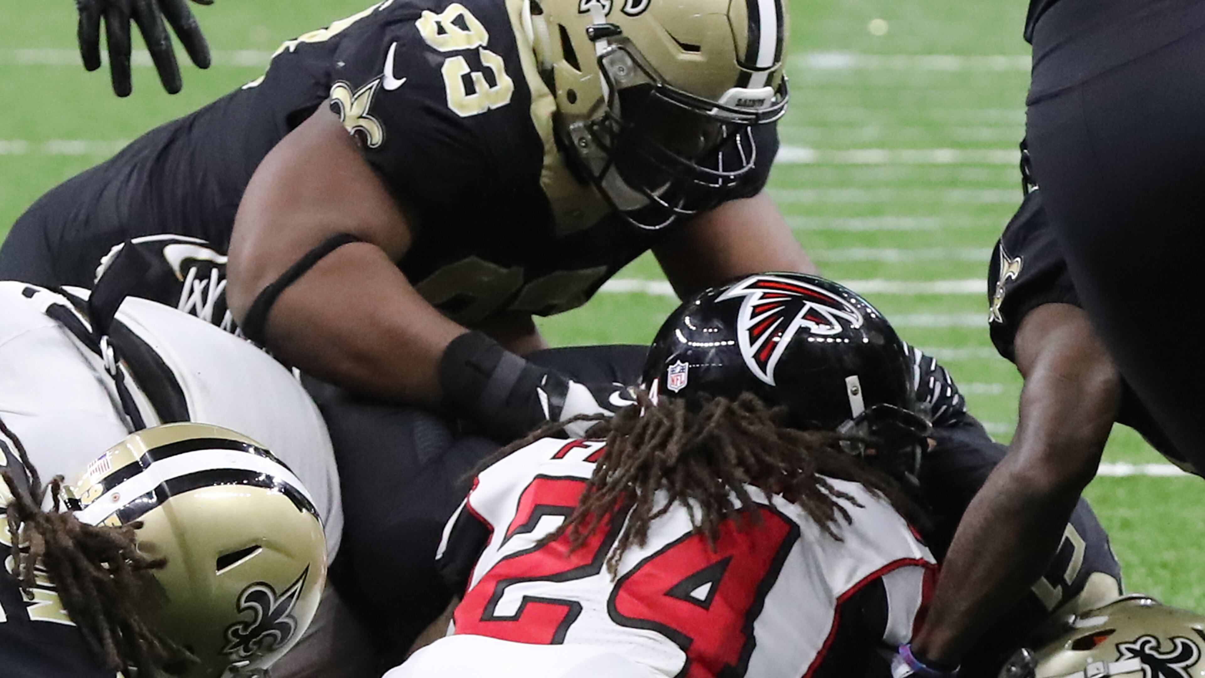 Falcons running back Devonta Freeman fumbles just short of the endzone and the Saints recover during the third quarter in a NFL football game on Sunday, December 24, 2017, in New Orleans.