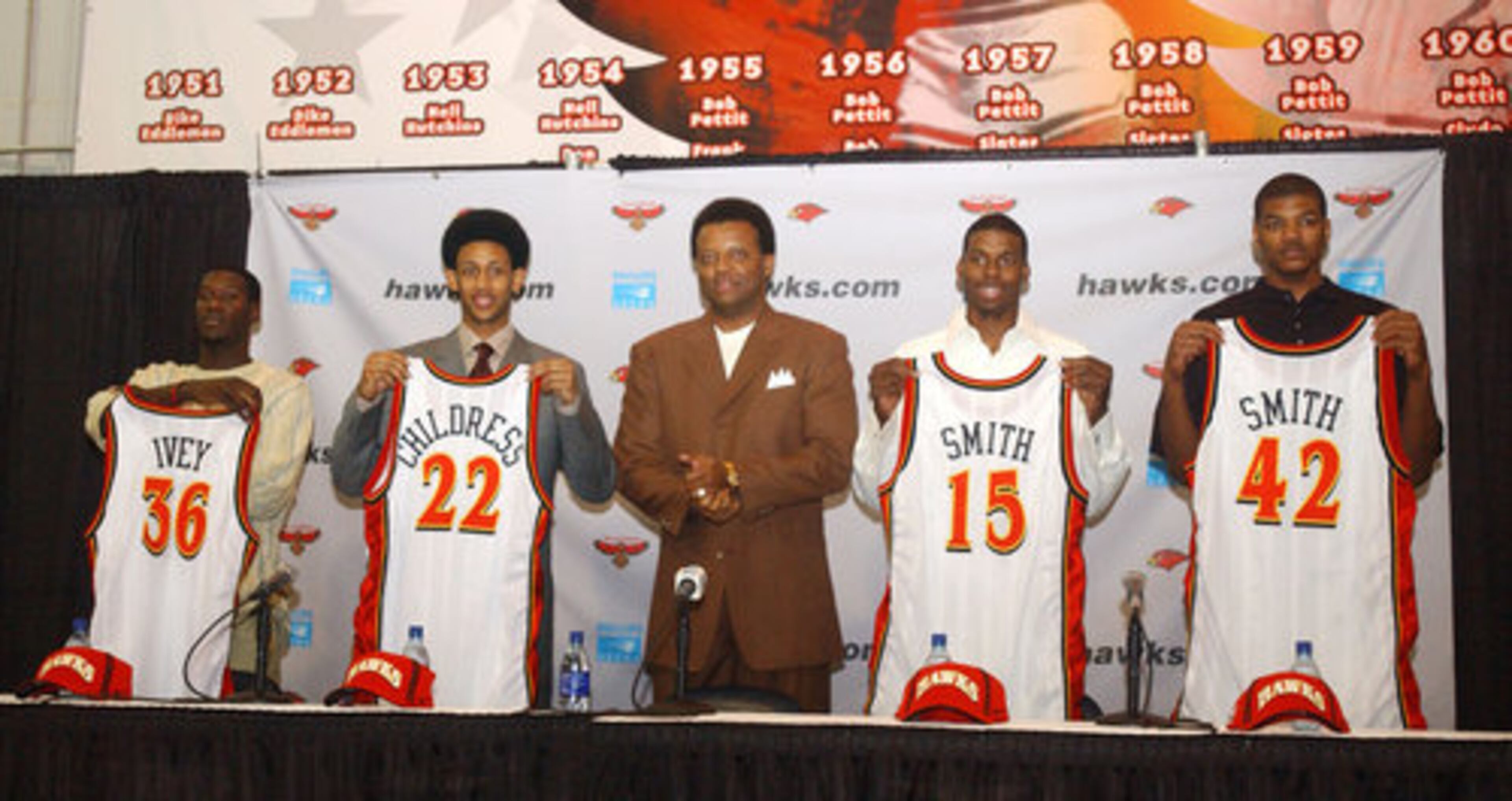 Josh Smith (far right) was the Hawks' 17th overall pick in the 2004 NBA Draft. He emerged as one of two promising rookies along with Josh Childress (second from left), who recently signed with Olympiakos of the Greek League.