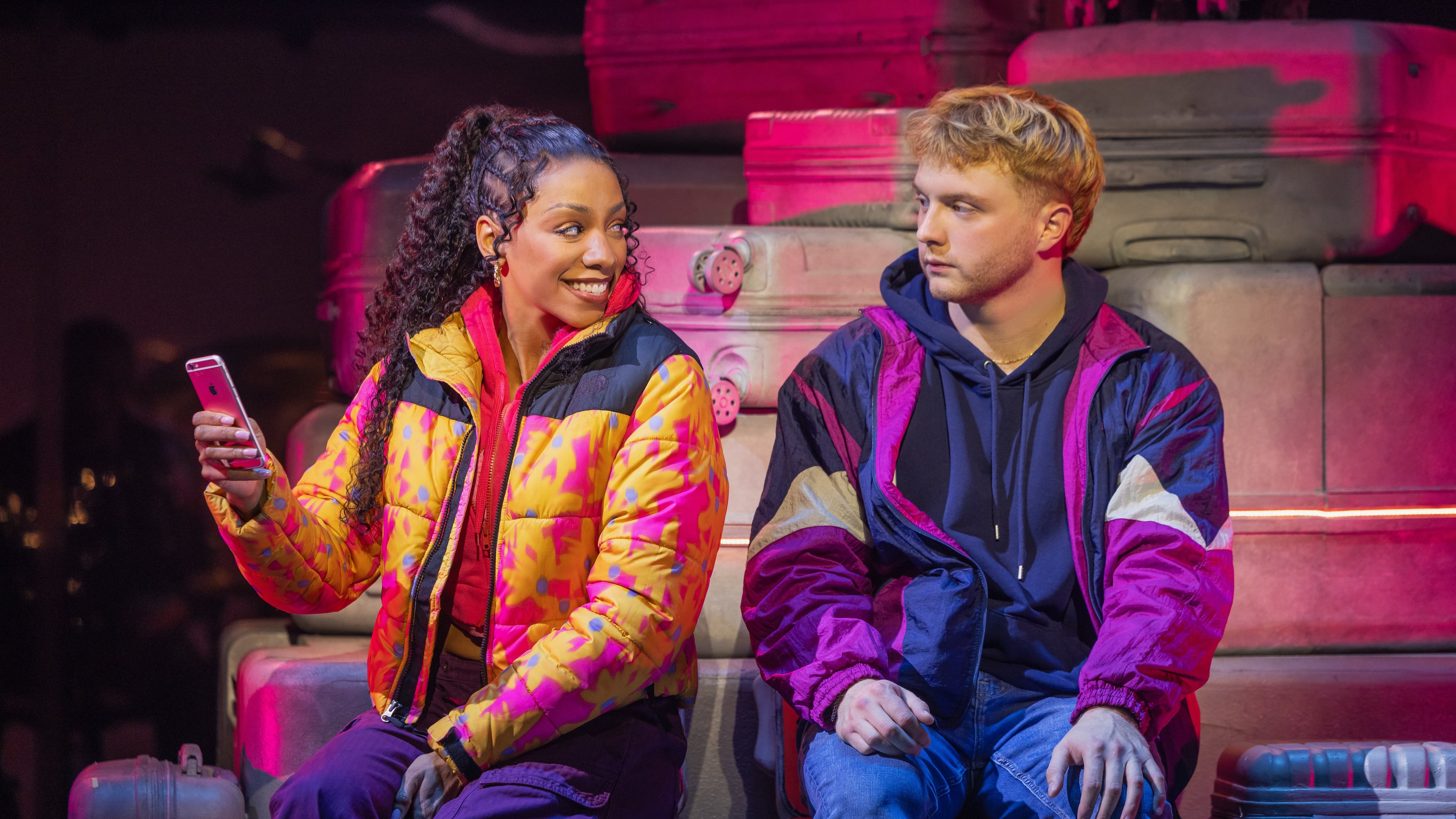 Christiani Pitts, left, and Sam Tutty appear during a performance of "Two Strangers" in New York on Oct. 31, 2025. (Matthew Murphy via AP)
