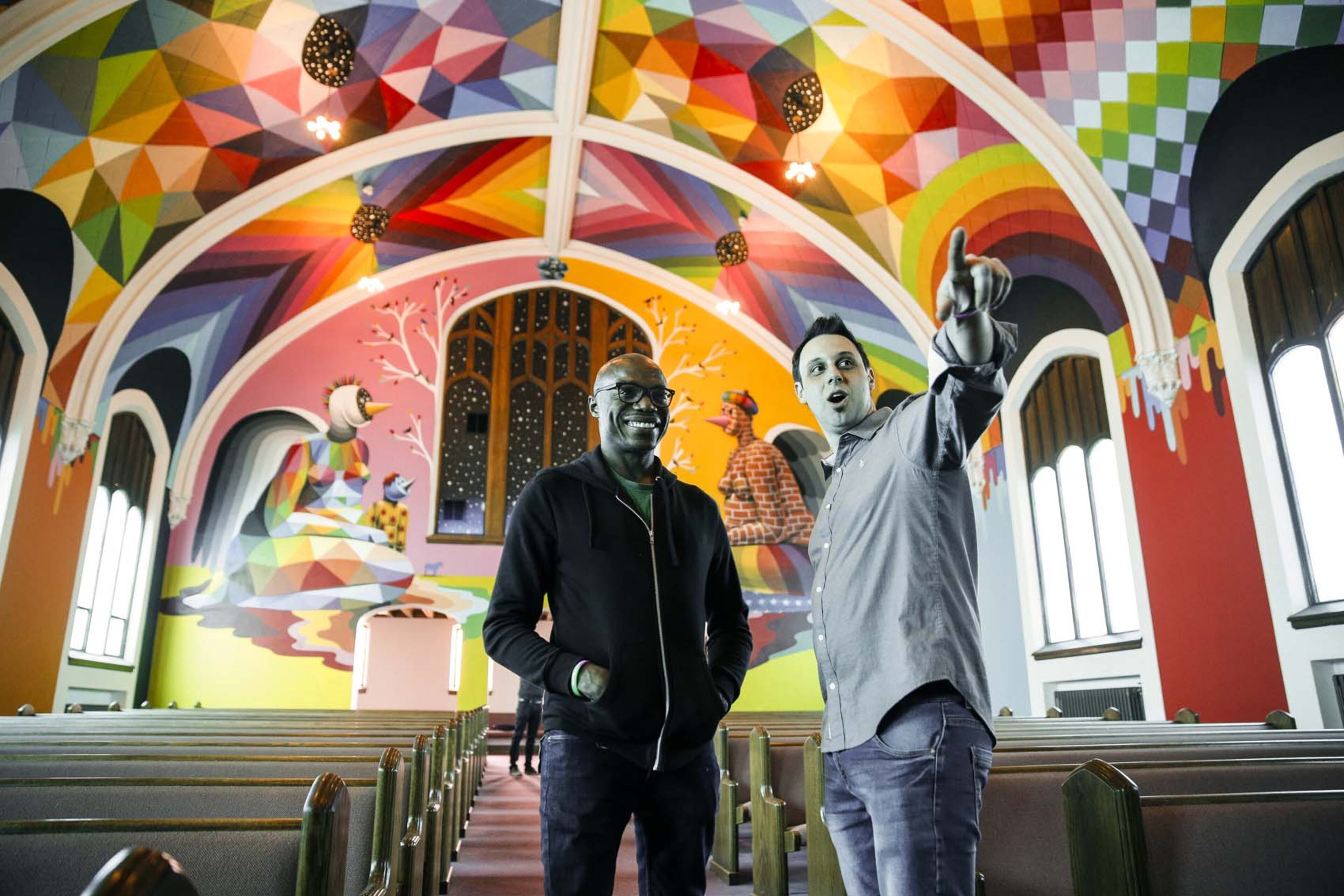 DENVER, CO - APRIL 20: Comic Kyle Grooms of Perth Amboy, New Jersey laughs as church organizer Steve Berke of Denver, Colorado points out the stage setup at the opening of the International Church of Cannabis April 20, 2017 in Denver, Colorado. The opening coincides with 420 Day celebrations advocating for the legalization of cannabis nationwide. Grooms will be hosting a stand up comedy show on Friday night as part of the opening festivities. (Photo by Marc Piscotty/Getty Images)