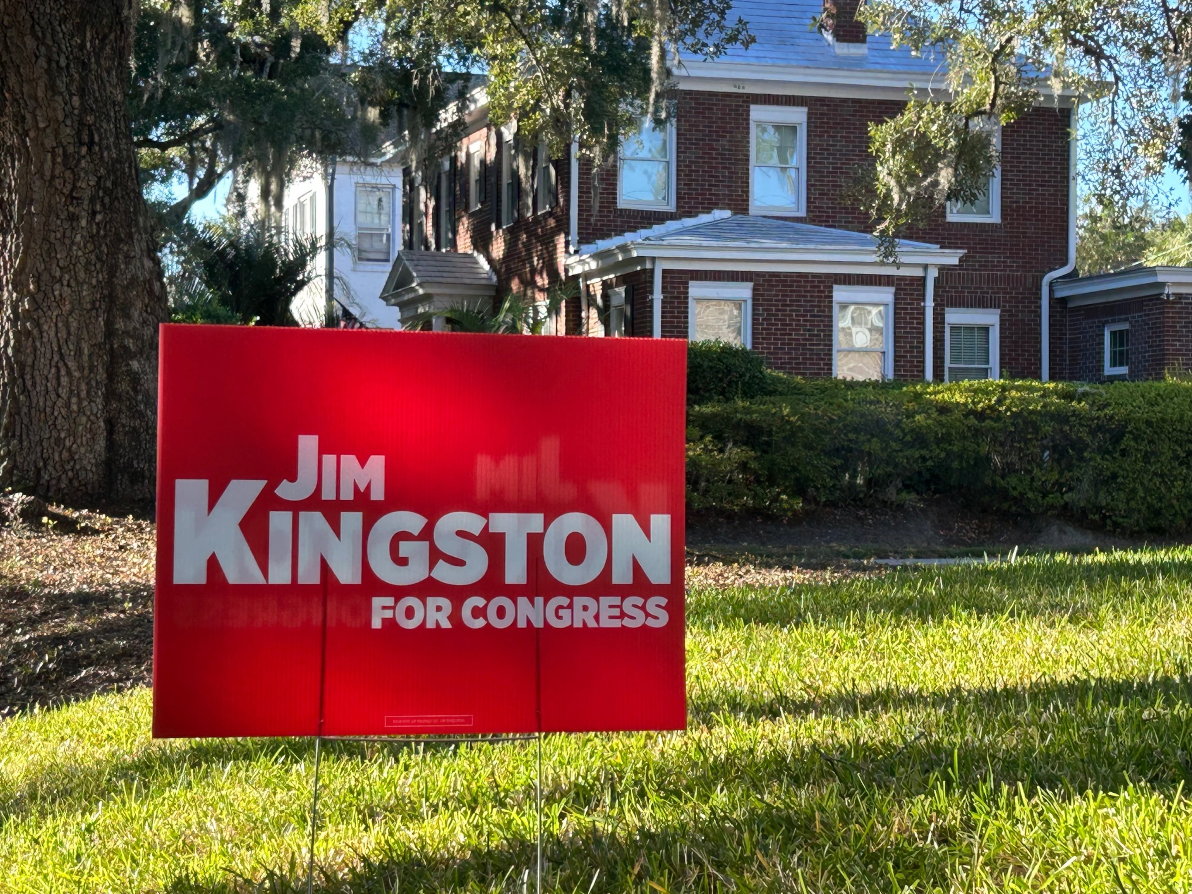 A campaign sign promoting Republican Jim Kingston's bid for coastal Georgia's U.S. House seat decorates a lawn in Savannah's Ardsley Park neighborhood. (Adam Van Brimmer/AJC)