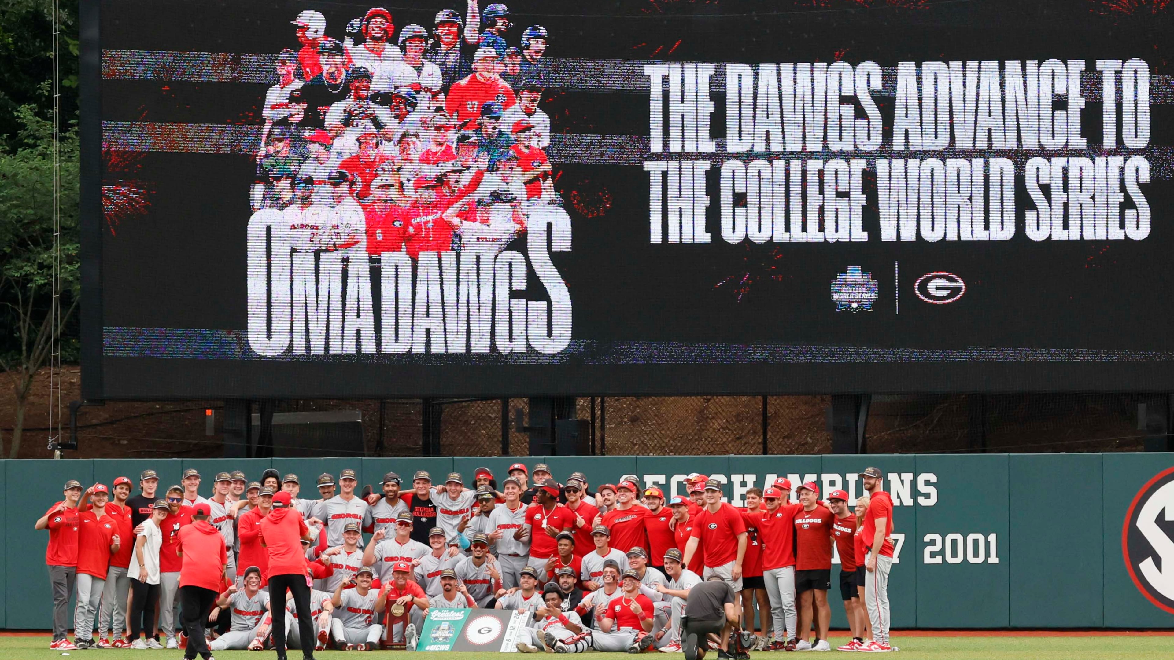 The Georgia Bulldogs pose for their team photo after winning the NCAA Super Regional series by defeating the Minnesota State Bulldogs 11-9 in extra innings at Foley Field on Sunday, June 7, 2026, in Athens.Miguel Martinez/AJC)