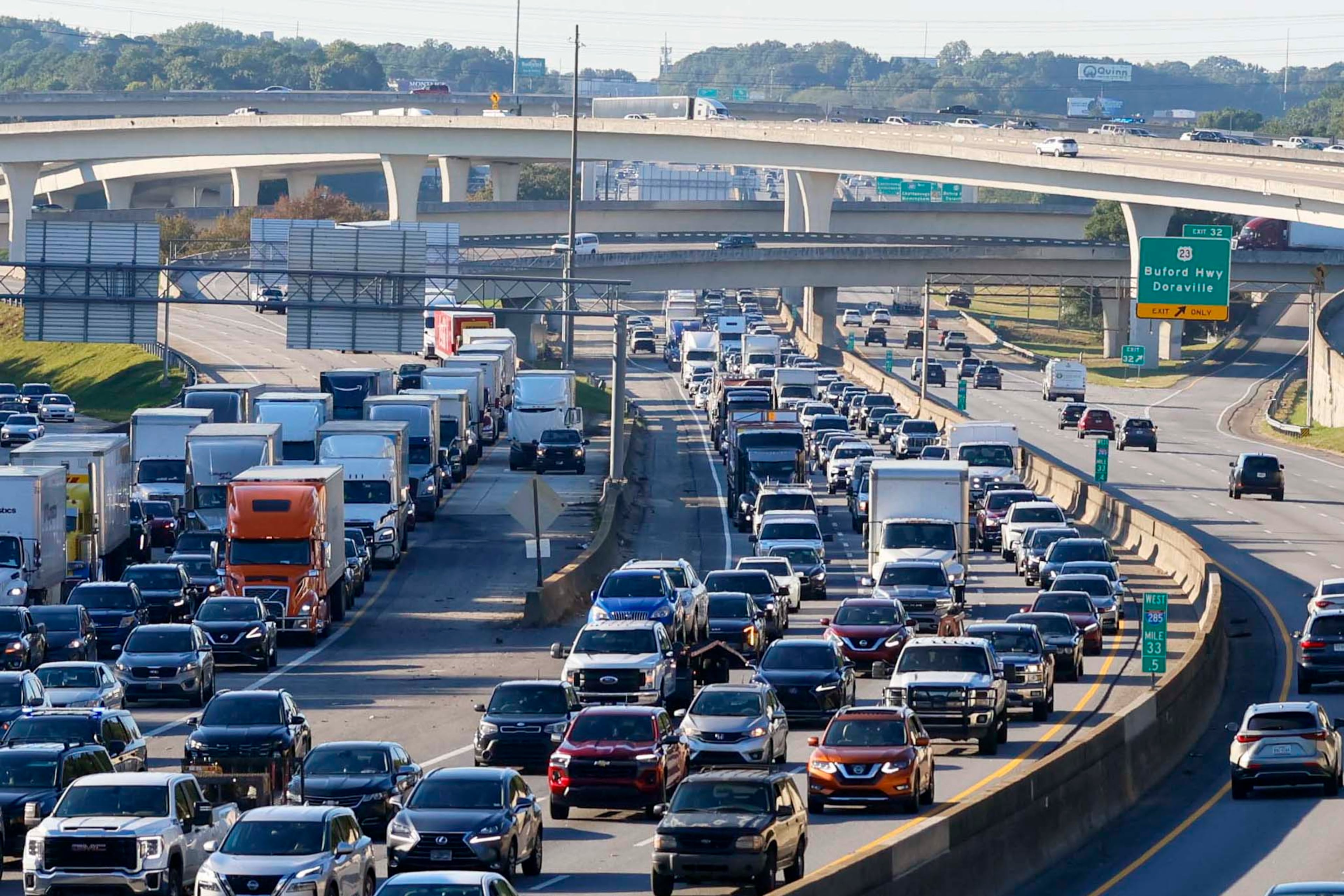 Heavy traffic is visible on I-285 near Chamblee Tucker Road on Oct. 13, 2026. GDOT is proceeding with a project to add toll lanes along the eastern portion of I-285. The 19-mile project is expected to remain under construction until 2042. (Miguel Martinez/AJC)