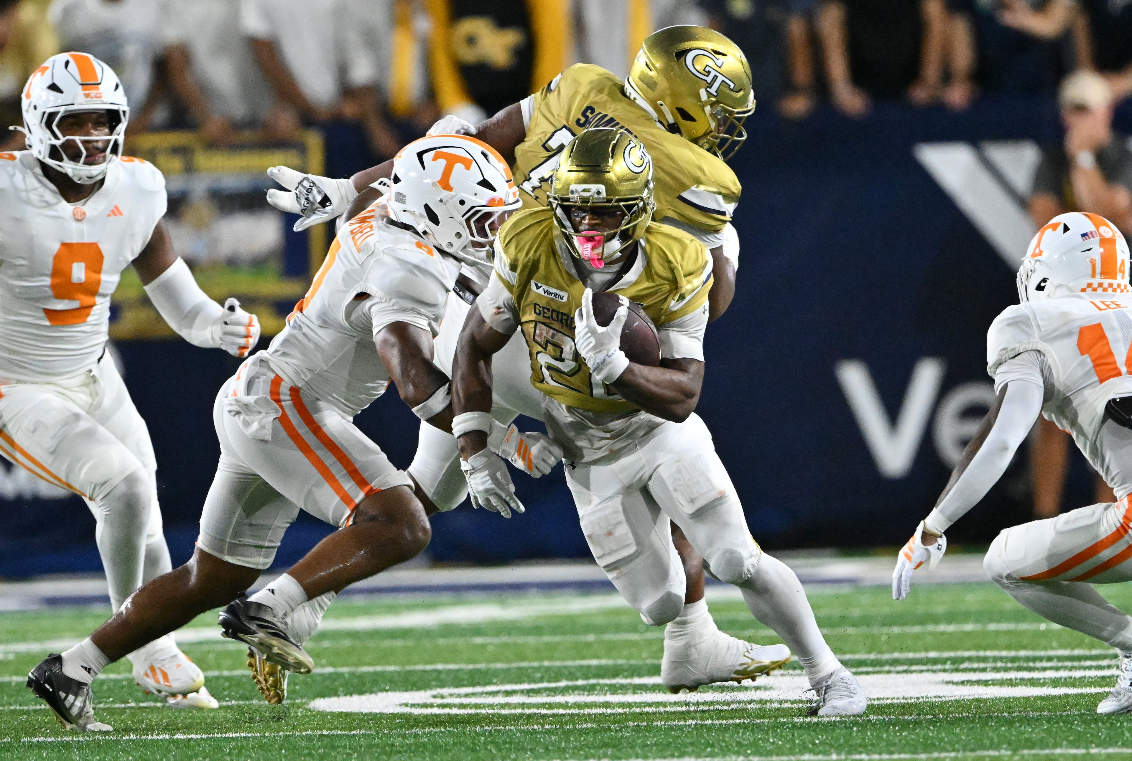 Georgia Tech running back Justice Haynes (22) runs the ball during the second half in an NCAA college football game at Bobby Dodd Stadium on Saturday, Sept. 12, 2026, in Atlanta. Tennessee defeated Georgia Tech 45-24. (Hyosub Shin/AJC)