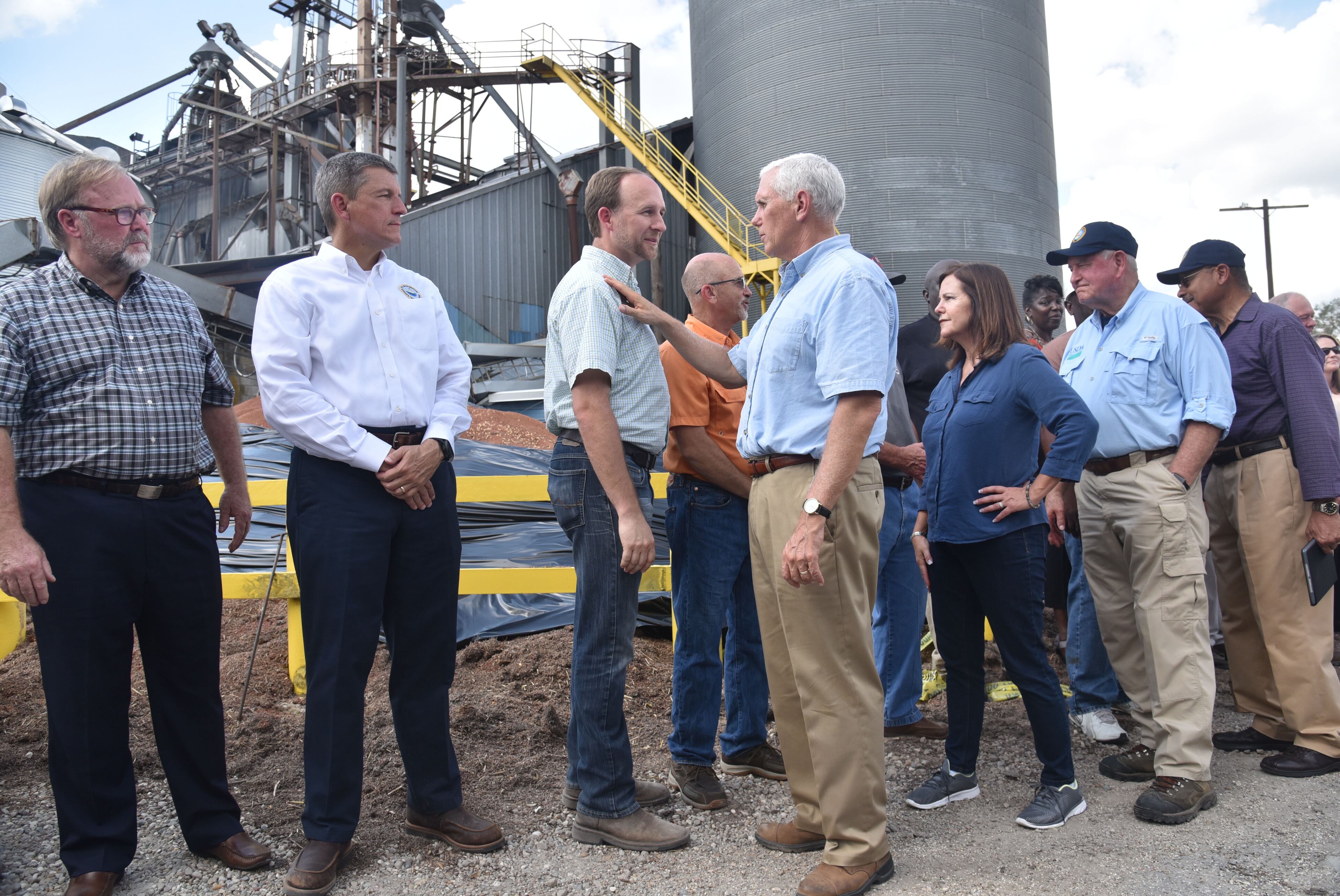 October 16, 2018 Bainbridge - Vice President Mike Pence meets employees at Flint River Mills in Bainbridge on Tuesday, October 16, 2018. Vice President Mike Pence touched down in this Southwest Georgia city Tuesday and addressed the Sunbelt Agricultural Exposition in Moultrie as he surveyed storm damage from Hurricane Michael. Penceâs visit comes a day after President Donald Trump and First Lady Melania Trump traveled through the central part of the Peach State and met with farmers. HYOSUB SHIN / HSHIN@AJC.COM