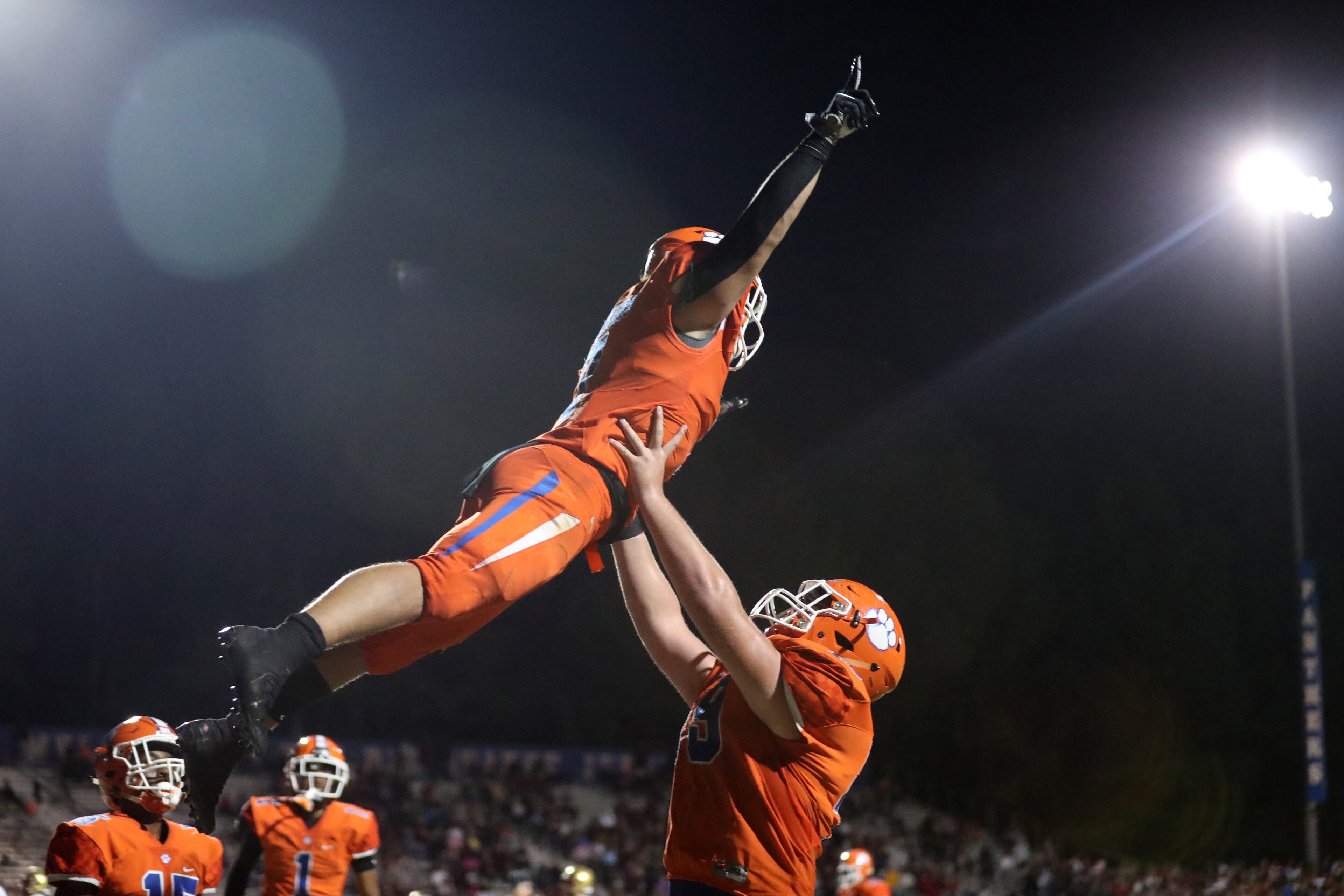 Parkview running back Cody Brown (7) celebrates his 40-yard touchdown run with Zack Nerbonne (79) in the third quarter against Brookwood at Parkview High School Friday, October 25, 2019 in Lilburn, Ga. Parkview won 50-19. (JASON GETZ/SPECIAL TO THE AJC)