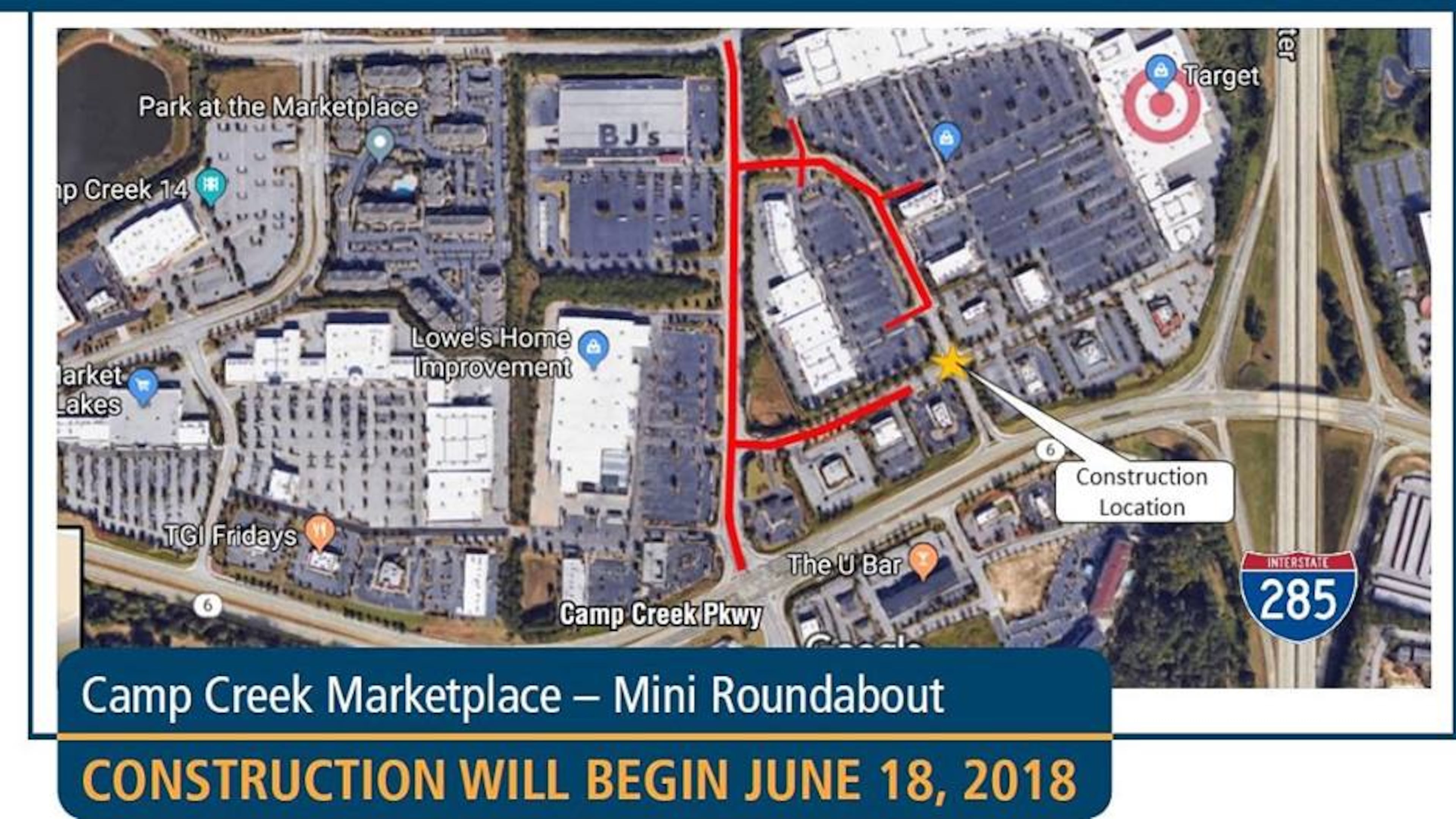 Camp Creek Marketplace mini roundabout construction begins Monday, June 18. CONTRIBUTED