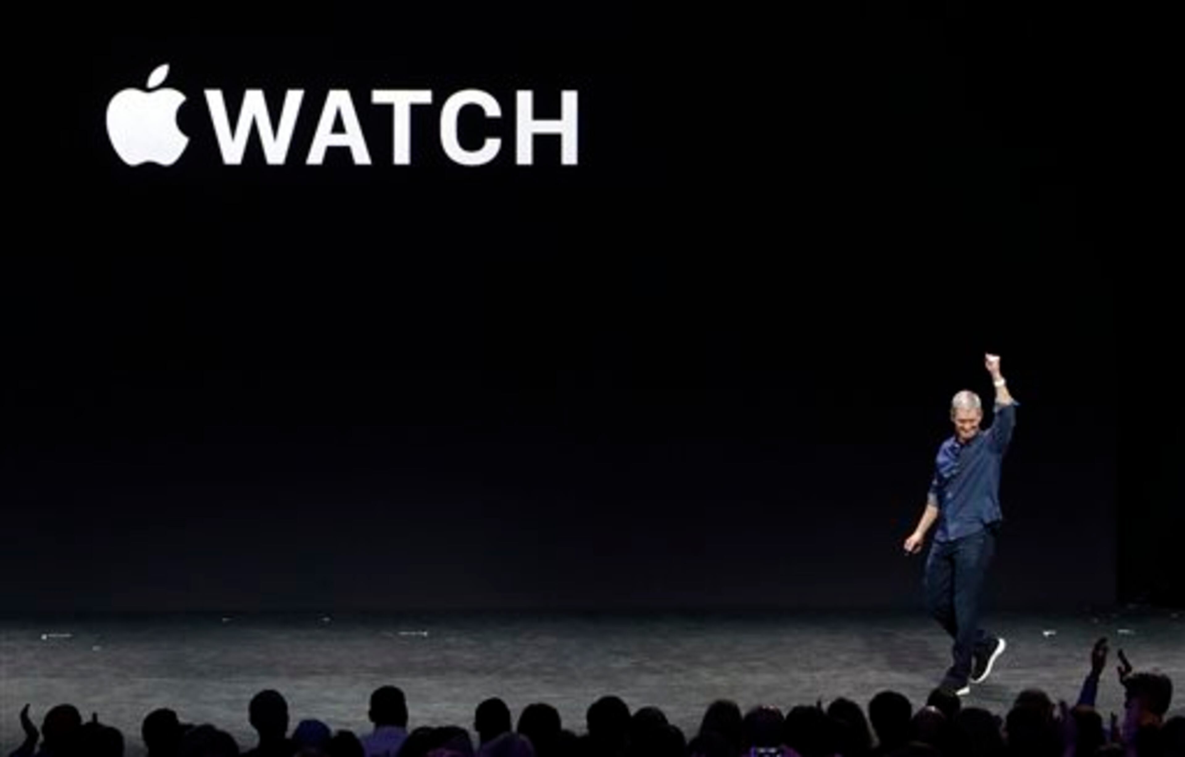 Apple CEO Tim Cook introduces the new Apple Watch on Tuesday, Sept. 9, 2014, in Cupertino, Calif. Apple's new wearable device marks the company's first major entry in a new product category since the iPad's debut in 2010. (AP Photo/Marcio Jose Sanchez)