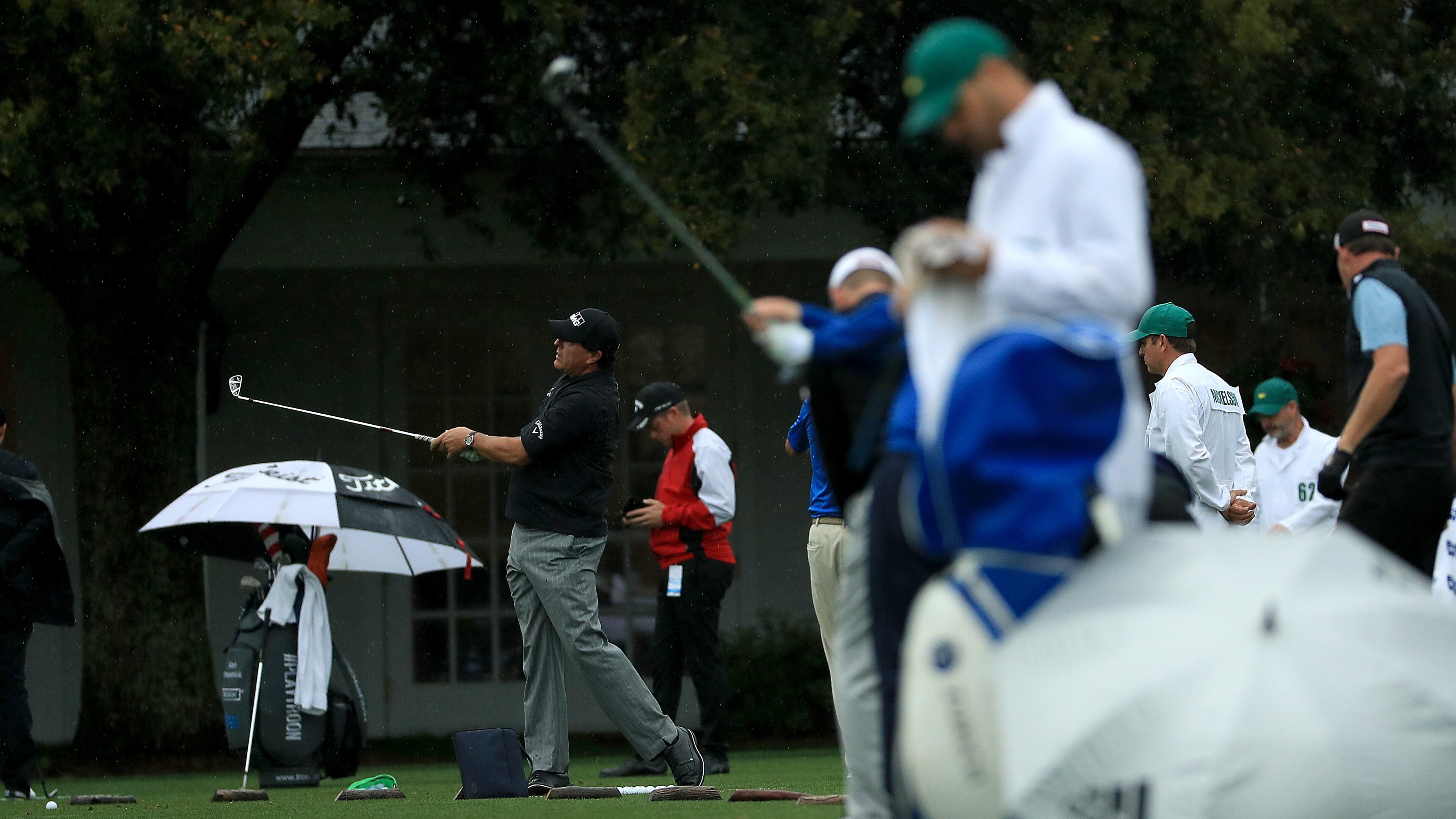 Phil Mickelson plays a shot on the driving range during a practice round prior to the Masters at Augusta National Golf Club on April 09, 2019 in Augusta, Georgia. (Photo by Mike Ehrmann/Getty Images)