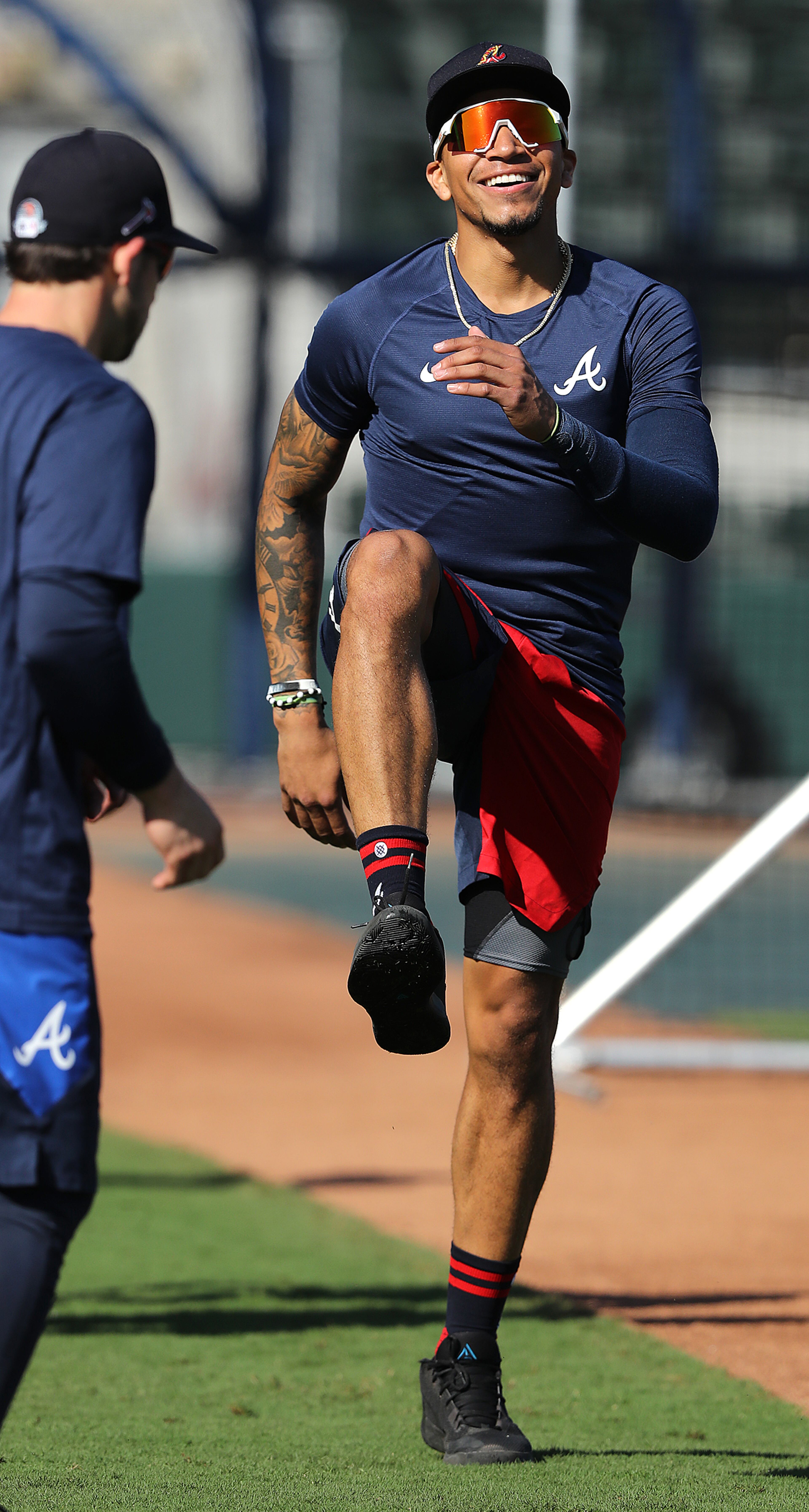 A slimmed down Braves infielder Johan Camargo loosens up for spring training on Saturday, Feb. 15, 2020, in North Port. Curtis Compton ccompton@ajc.com